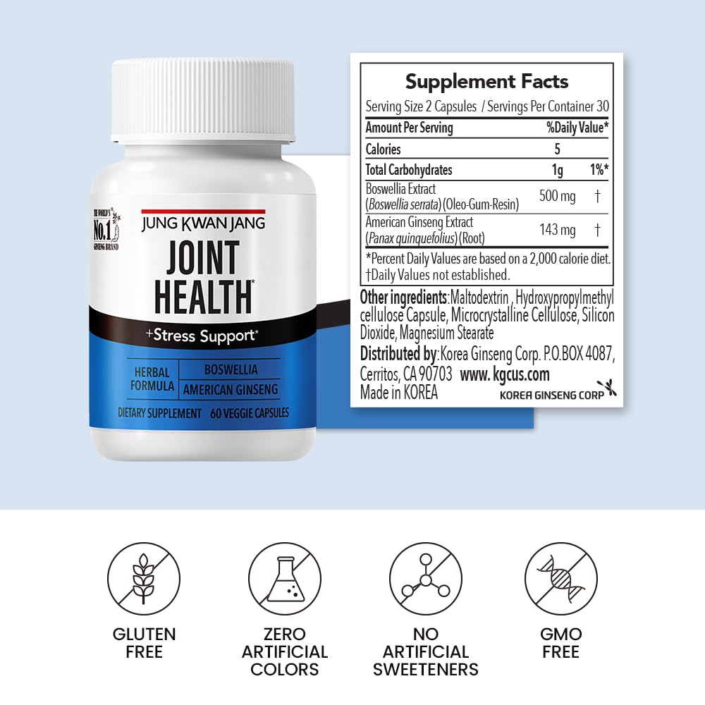 JungKwanJang Joint Health with Boswellia(500mg) and American Ginseng (143mg) for Mobility and Joint Support, 60 Capsules for Men and Women 3