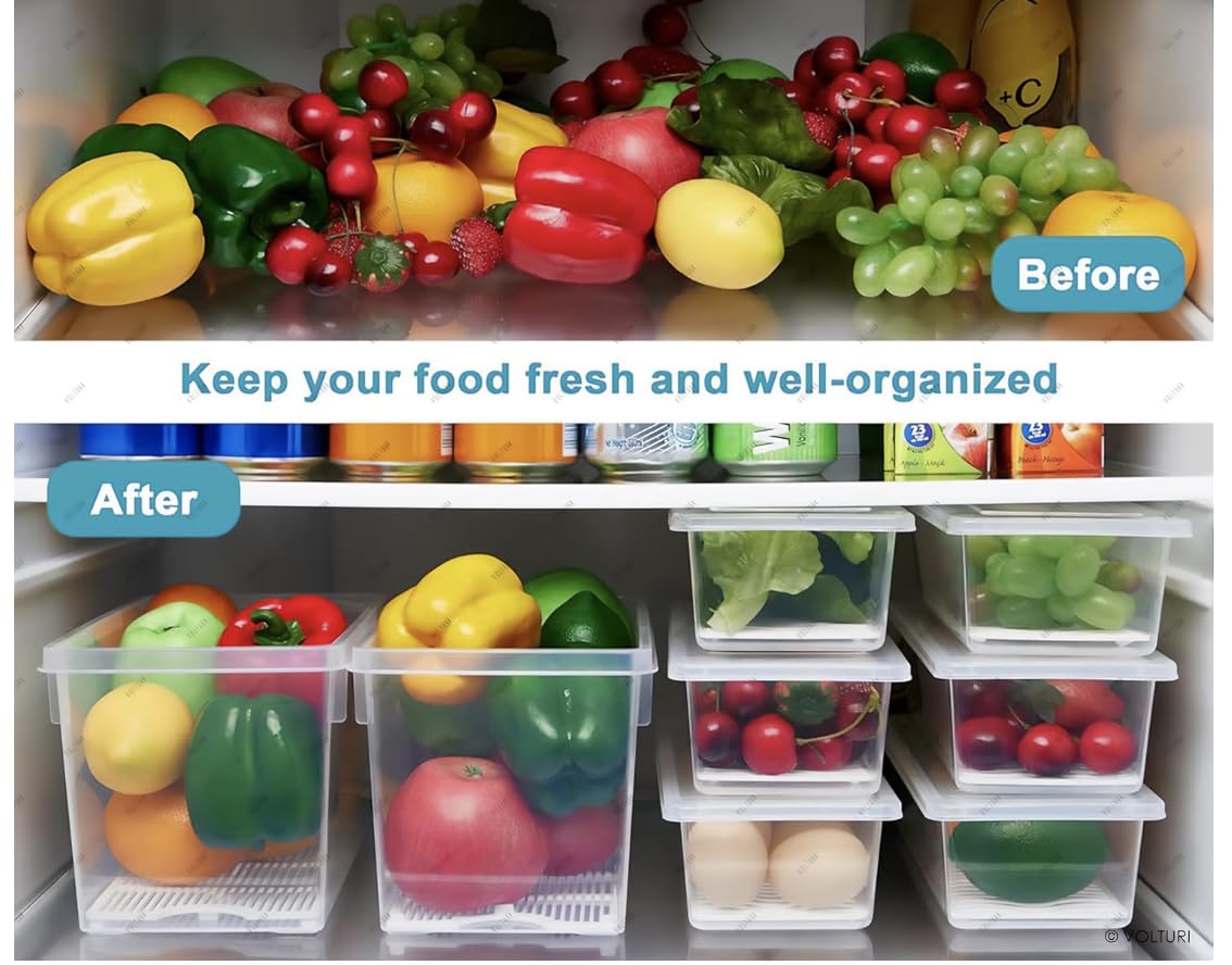 Fridge Storage Containers (Pack of 6), Fridge Organiser Storage Boxes with Removable Drain Plate, Lids, Stackable Organizer, Fridge Storage Box Keep Fruits, Vegetables Fresher, 1500 ML 6