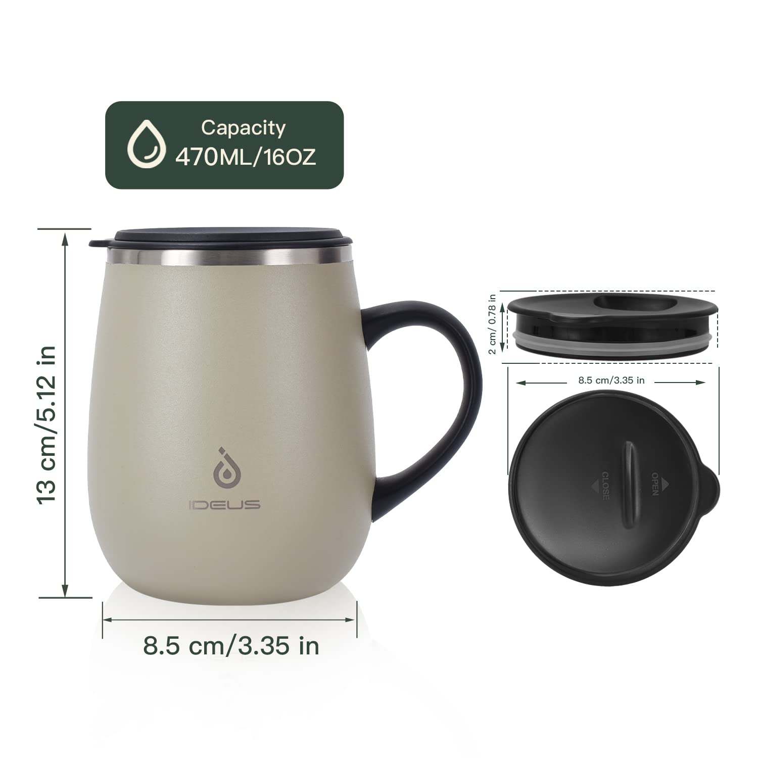 Ideus 16 oz (470 ml) Insulated Coffee Mug with Handle and Lid, Double Wall Stainless Steel Vacuum Thermal Coffee Mug, Travel Coffee Cup Thermal Cup for Home and Office (Mars Celadon) 3
