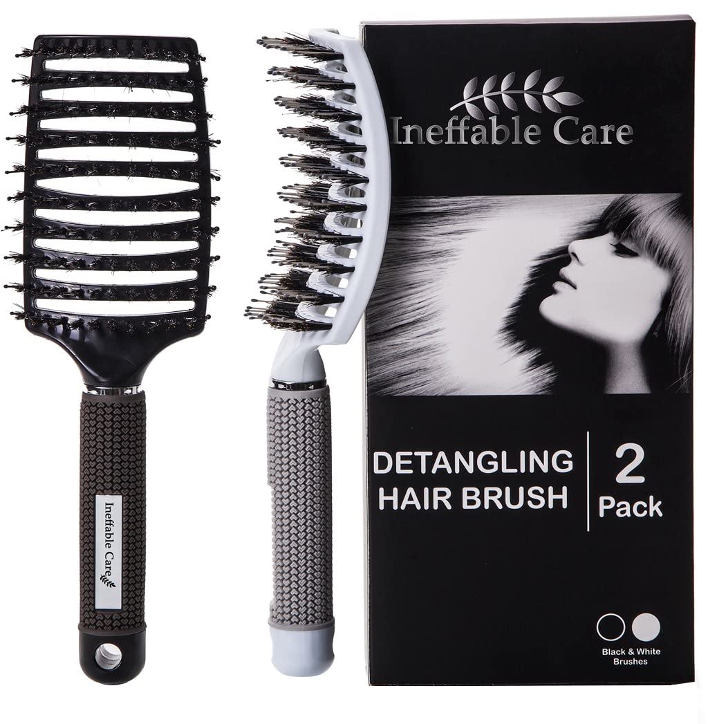 Boar Bristle Hair Brush set – Curved and Vented for Wet and Dry Detangling Hair Brush for Women Long, Thick, Thin, Curly & Tangled Hair Vent Brush - Stocking Stuffers Gift kit 2