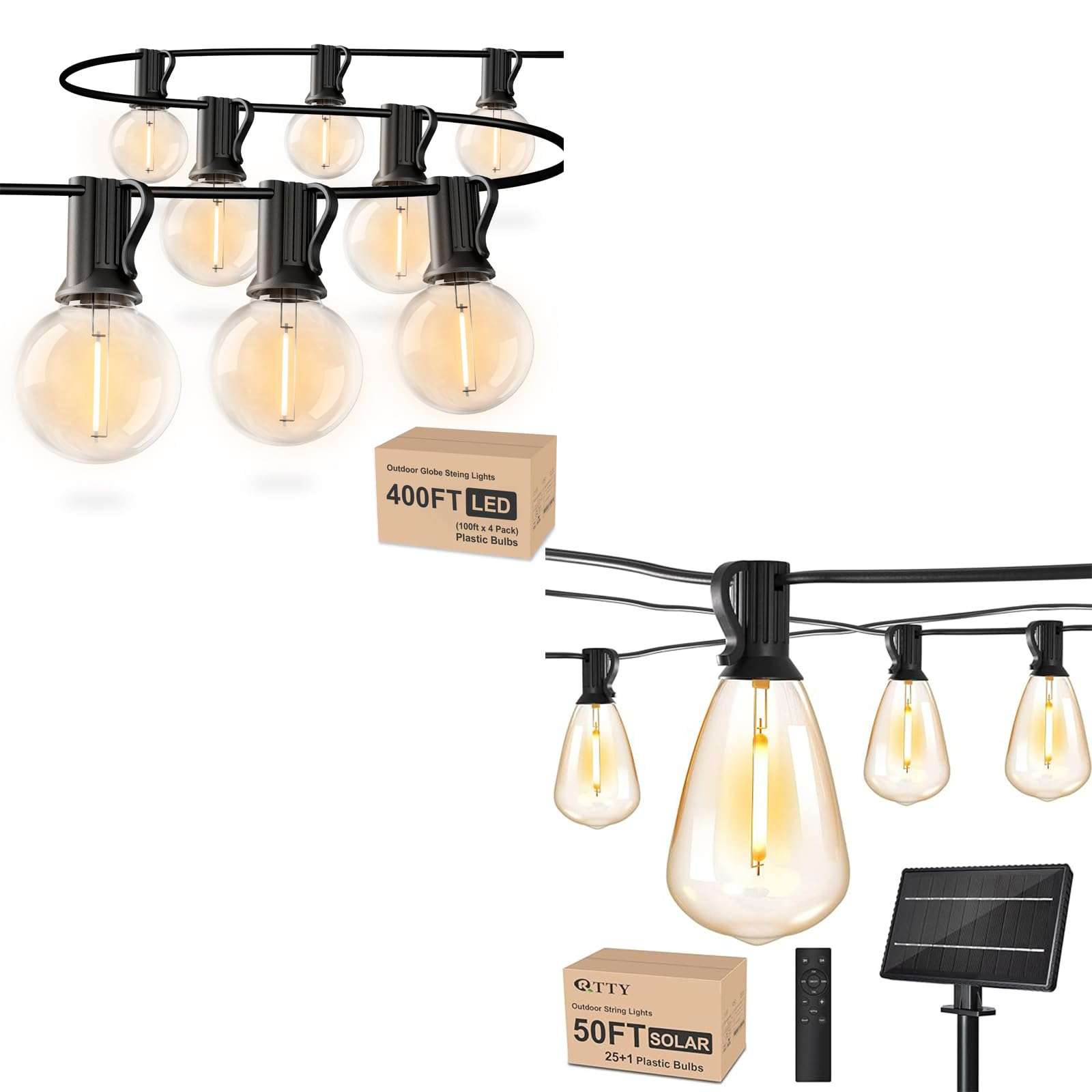 RTTY Outdoor String Lights,400FT G40 Led Patio Lights and 50FT ST38 Solar String Lights with Remote 1
