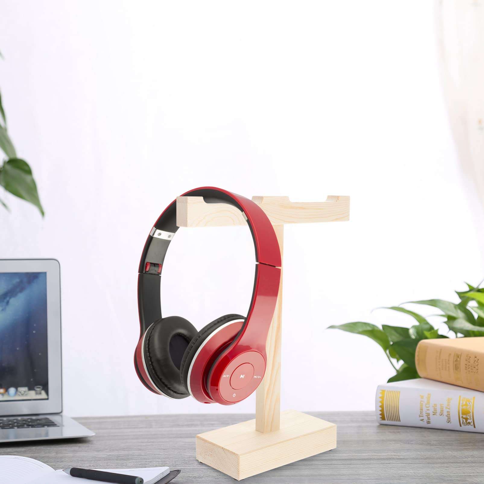 Mobestech Headphone Stand Wooden Headphone Stand Double Gaming Headset Holder Desktop Earphone Hanger Desk Headset Mount Rack for Home and Office Display Headphones Holder 3