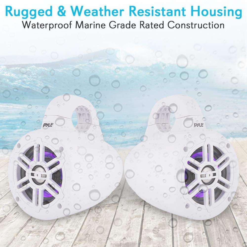 Pyle Waterproof Marine Wakeboard Tower Speakers - 4 Inch Dual Subwoofer Speaker Set w/ 300 Max Power Output - Boat Audio System w/Built-in LED Lights - Mounting Clamps Included PLMRLEWB46W (White) 5