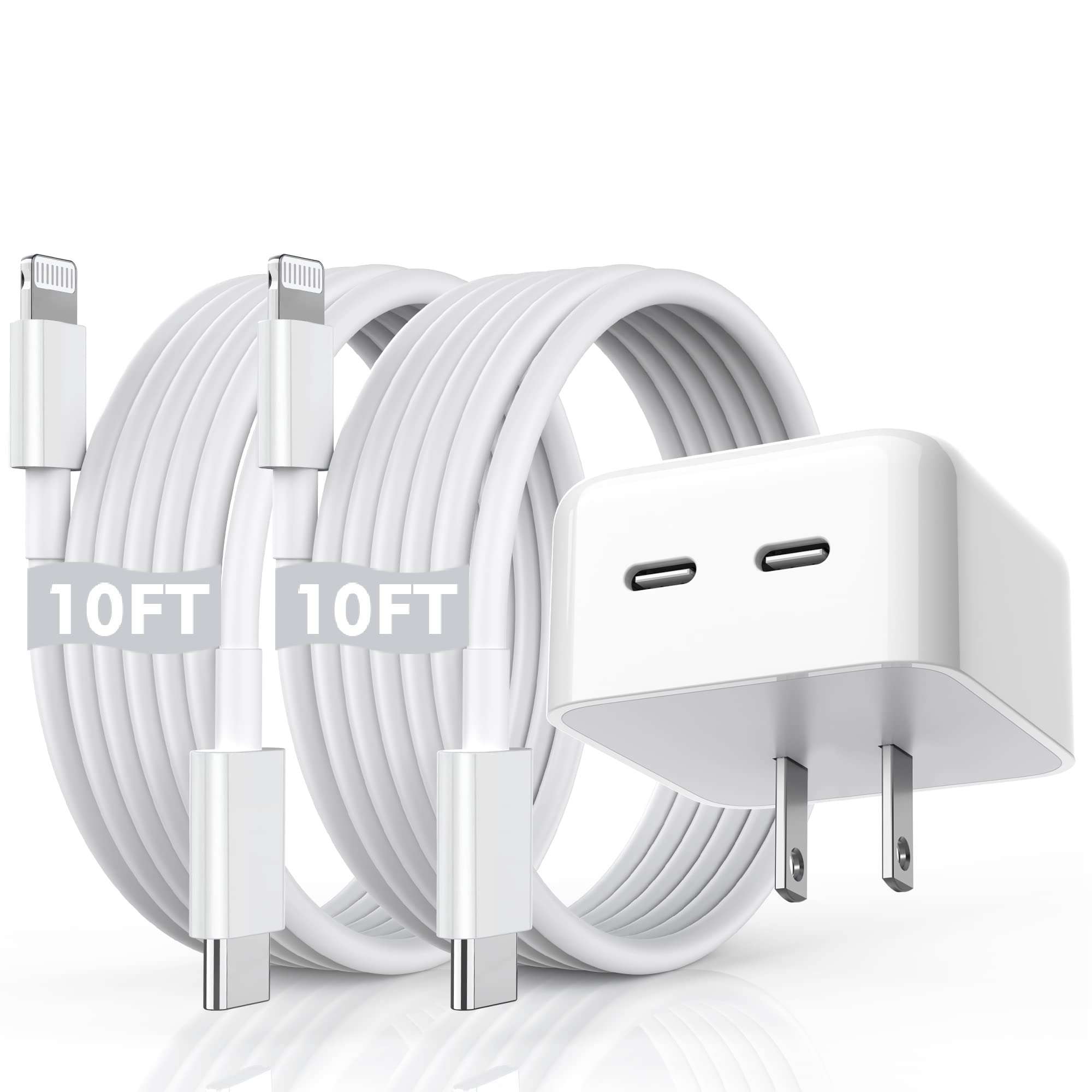 iPhone Fast Charger, 40W Dual USB-C Quick Wall Charger 10FT Charging 2pack 10FT Extra Long Lightning Cable+Double Port Foldable USBC iPhone Charger Fast Charging for iPhone 14/13/12/11/XR/XS/SE/iPad 1