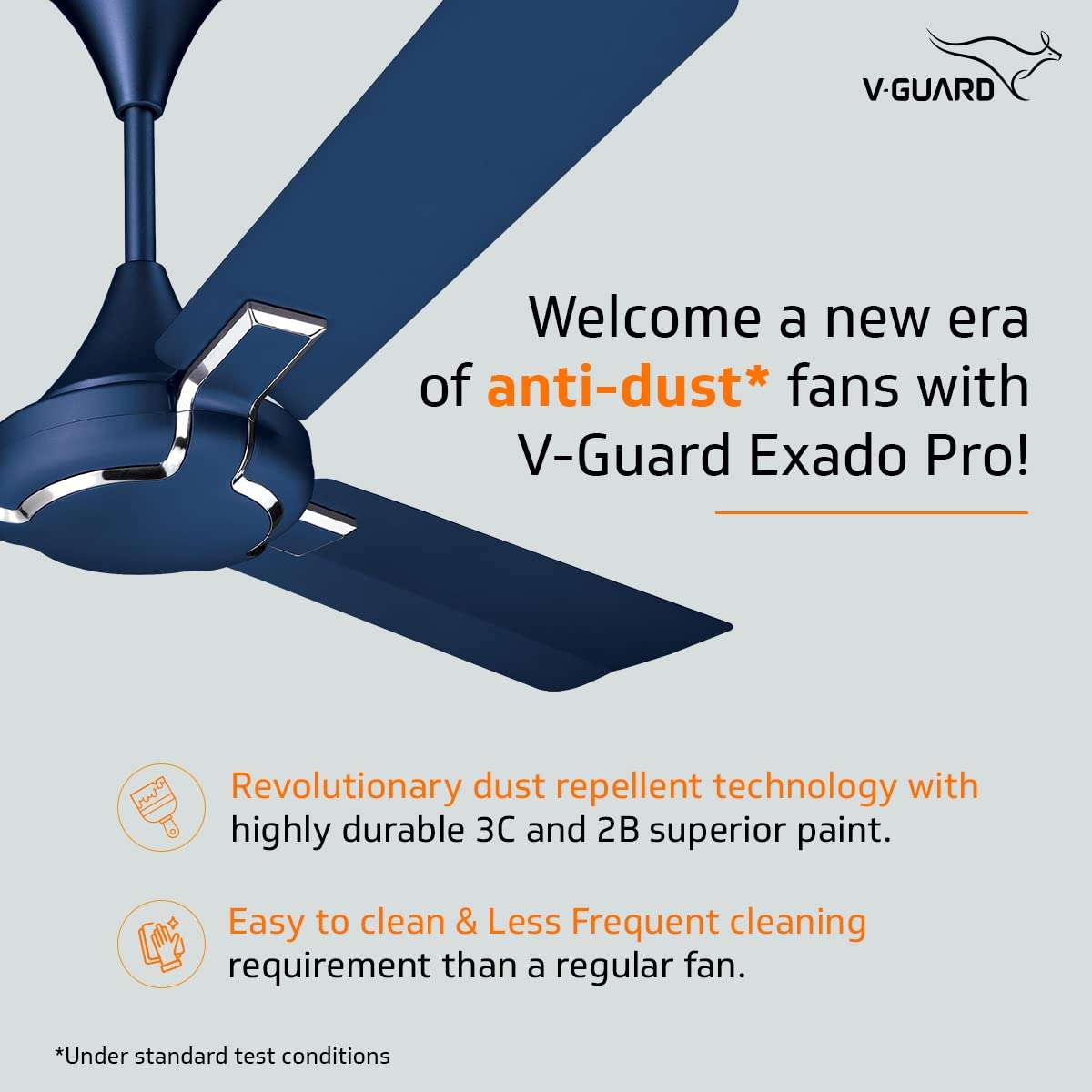 V-Guard Exado Pro AS Anti Dust High Speed Ceiling Fan for Home | Energy Efficient | RIBAND BLUE MATTE | 1200mm | 400 RPM | Powerful Air Delivery of 240 m3/min Dust Repellent Technology Easy to Clean 3