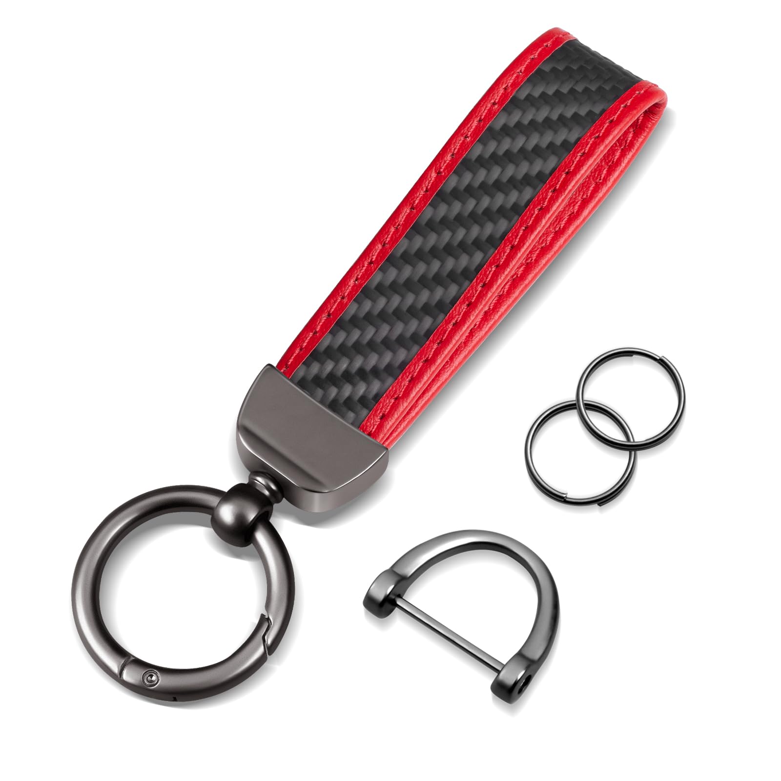 Real Carbon Fiber Car Keychain,Minimalist Leather Edges,Car Key Fob Chain Holder,Car Key Fob Keychains Replacement,Keychains for Men Women,Car Key Accessories,RED 1