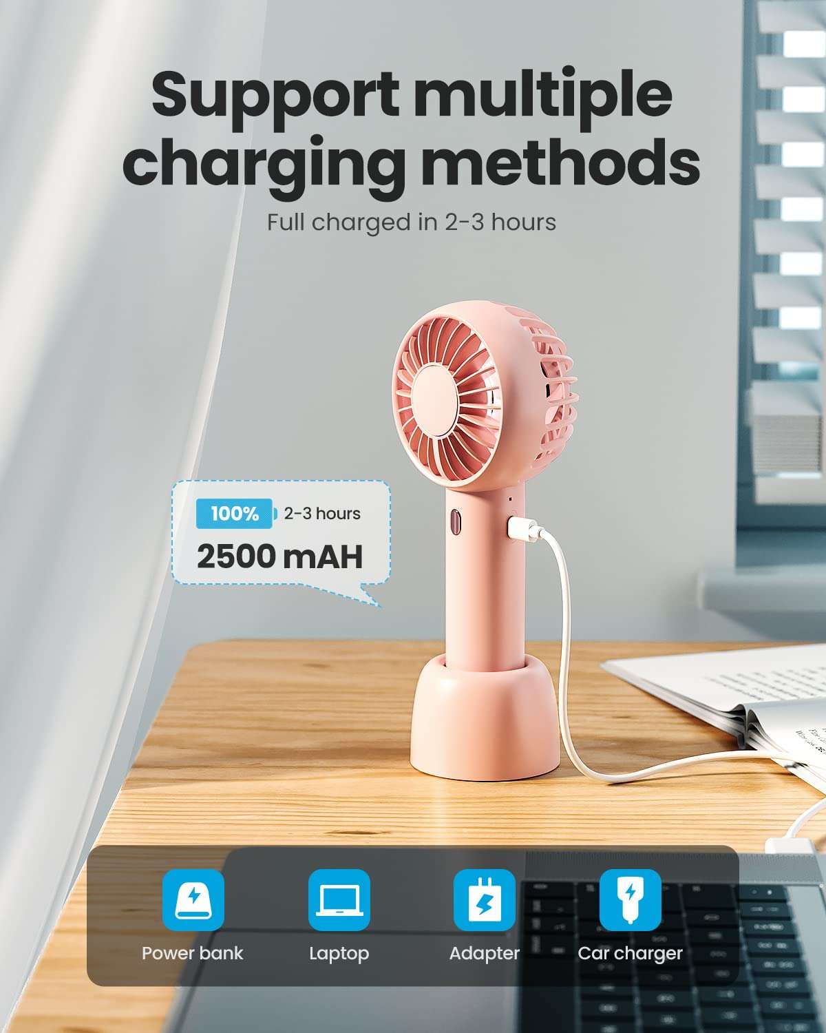 Gaiatop Mini Portable Fan, Dual Motors Powerful Handheld Fan, Cute Design 3 Speed Personal Small Desk Fan with Base, Lightweight Makeup USB Rechargeable Fan for Stylish Girl Women Men Indoor Outdoor 3