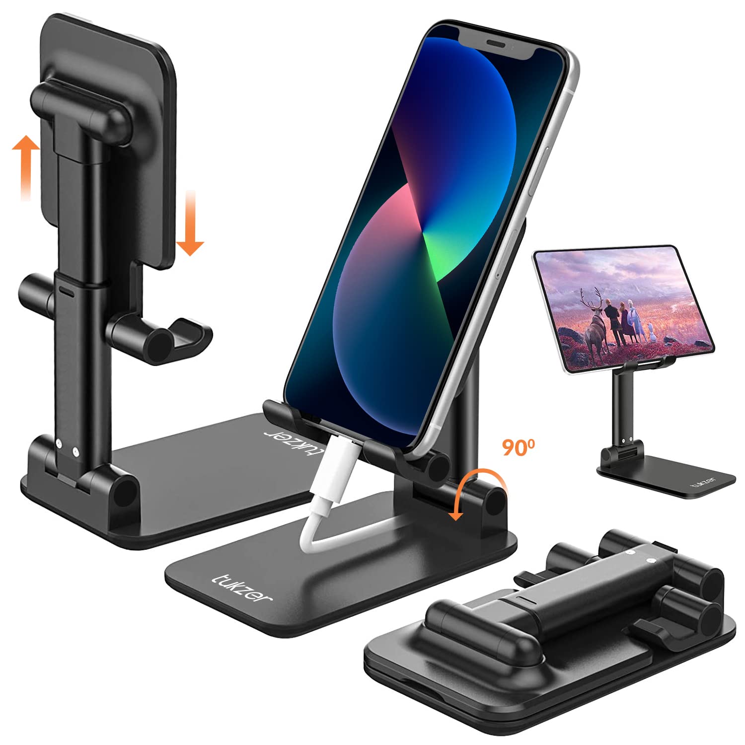 Tukzer 3-in-1 USB Type C to HDMI Adapter 4K@30Hz & Tabletop Fully Foldable Desktop Tablet Mobile Stand Holder with Angle & Height Adjustable for Desk, Cradle, Dock (Black) 6
