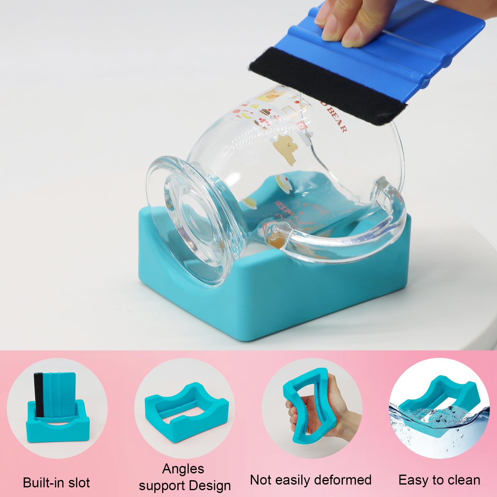 Silicone Cup Cradle Silicone Cup Cradle with Built-in Slot Anti-Skidding Tumbler Stand Cup Holder for Tumblers with Felt Squeegee Use to Apply UV DTF Stickers Vinyl Stickers for Tumblers (Blue) 6