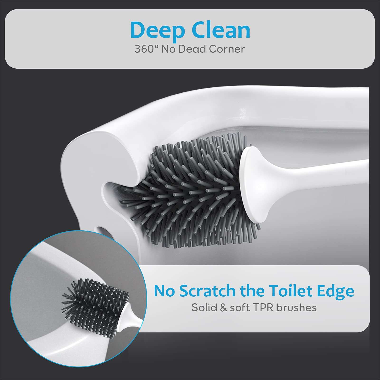 ENIBON Silicone Toilet Brush and Holder, Bathroom Toilet Bowl Cleaner Brush with No Scratch TPR Soft Bristles, Vented Holder and Anti-Slip Handle, Wall Mount/Freestanding, Grey 4