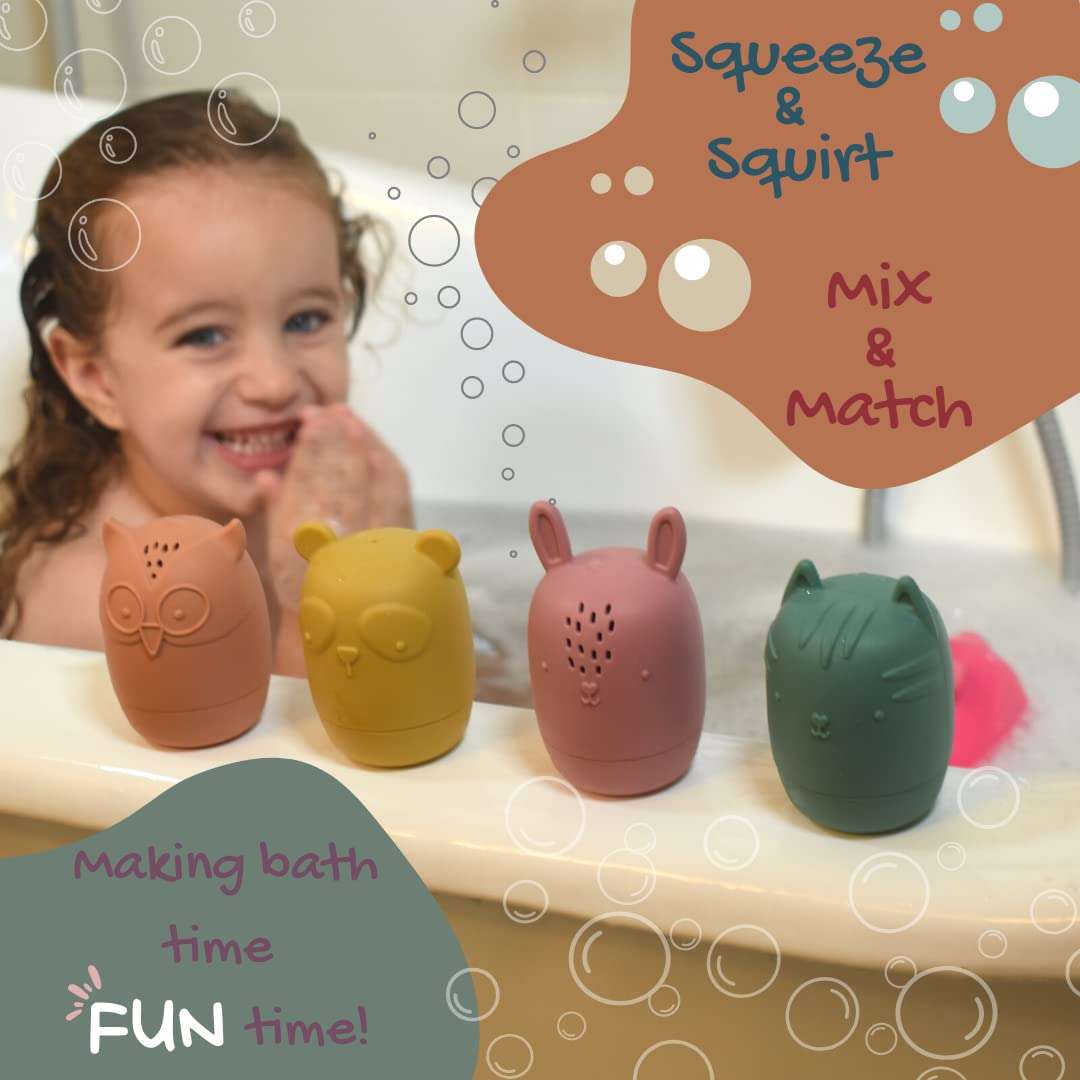 BrushinBella Silicone Bath Toys 4-Pack - Cleanable Silicone Toys with Montessori Stackable Cups - Baby Bath Toys - Dishwasher-Safe Bath Toys - Toddler Tub Toys - Baby Bath Essentials 4