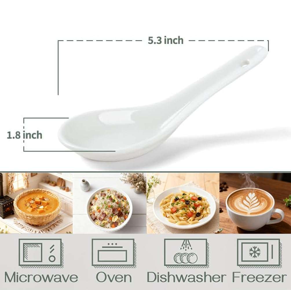 ZXORC Asian Ceramic Soup Spoons Set of 6 | Premium White Chinese Style Ceramic Spoons for Soup, Ramen, Pho, Noodles & Rice | Durable, Heat-Resistant Serving Spoons for Home, Kitchen & Restaurant Use 3
