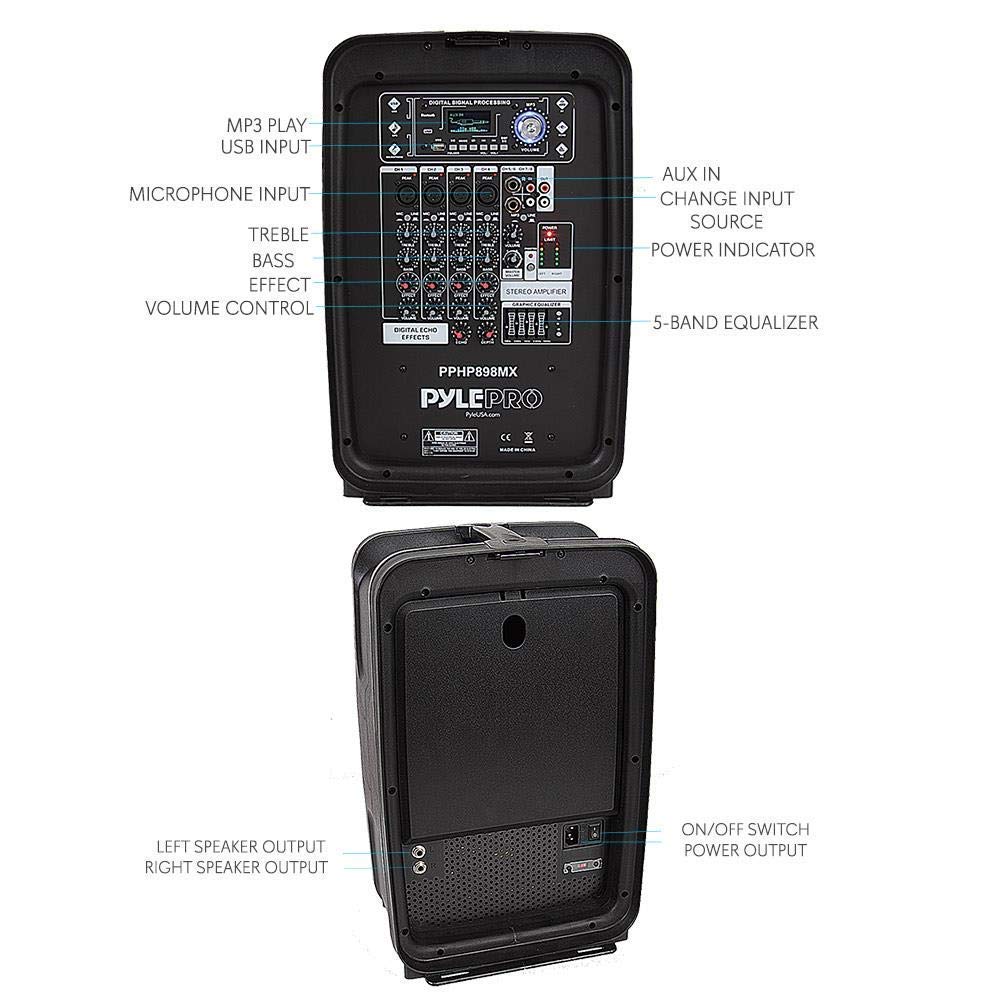 Pyle PPHP898MX 600 Watt 8-Channel Portable Bluetooth Wireless PA Speaker Amplifier Kit & Channel Microphone System-VHF Fixed Dual Frequency Wireless Set with 2 Handheld Dynamic Transmitter Mics 4