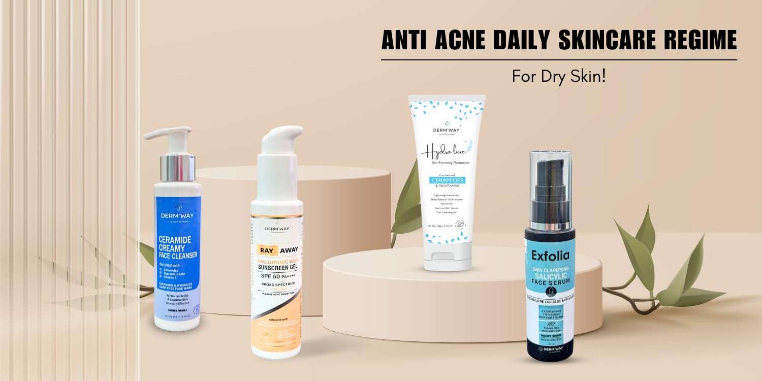 Derm’way Exfolia Face Serum | Derm’way Ceramide Creamy Facewash| HYDRALUXE Light Skin Renewing Oil Free Moisturizer| Ray Away Sunscreen gel for Acne & Spot Correction Range 3