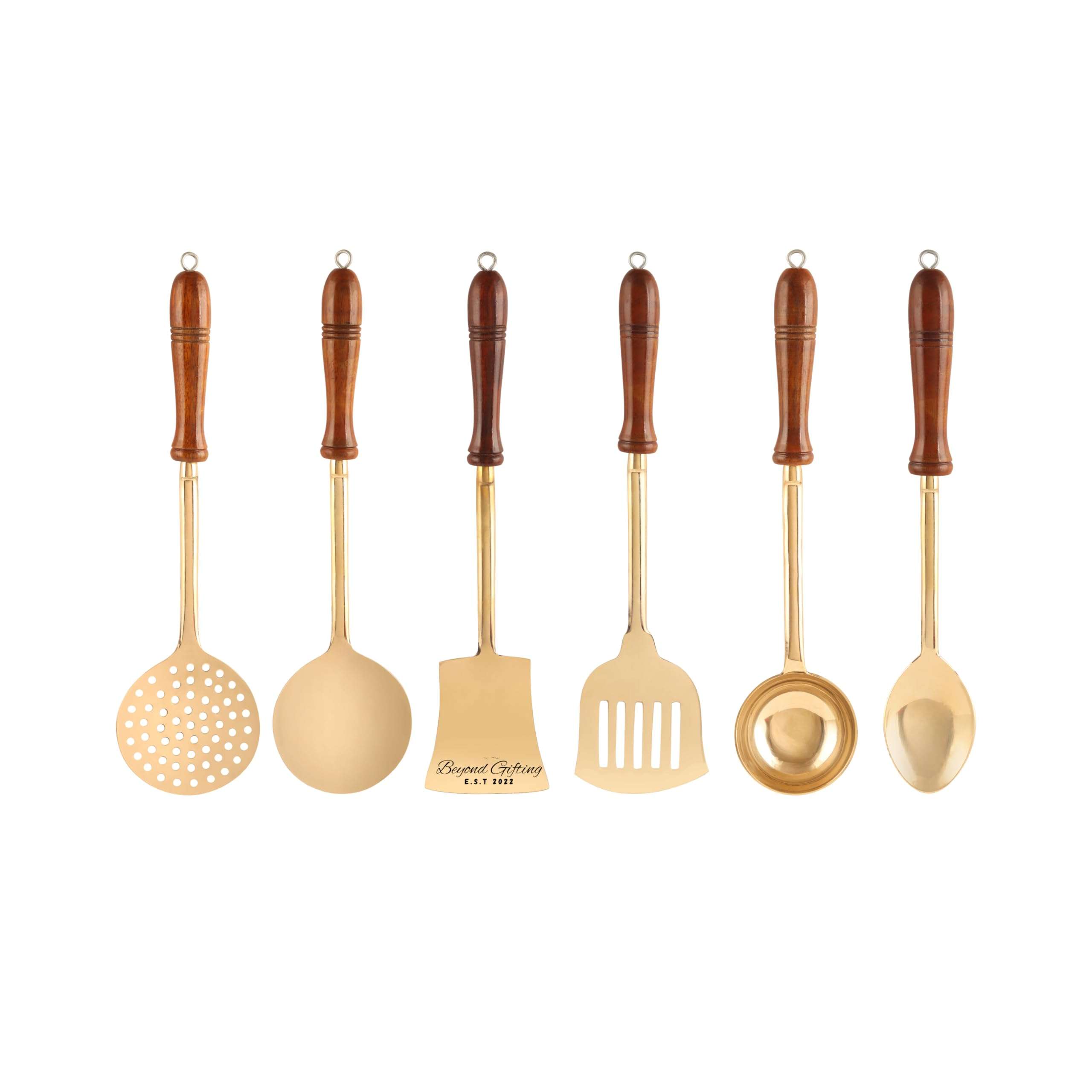 Beyond Gifting Premium Brass Kitchen Utensils Set of 6 with Wooden Handle Cooking Spoon Set Brass Serving Gold Spoon Set of 6 Pital Cooking Spoon, Salad Spoon, Flip Spatula, Ladle, Skimmer 3