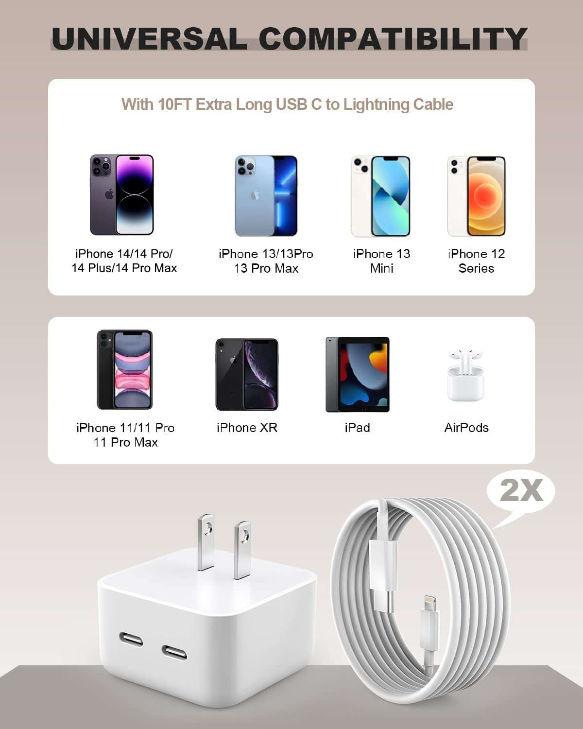 iPhone Fast Charger, 40W Dual USB-C Quick Wall Charger 10FT Charging 2pack 10FT Extra Long Lightning Cable+Double Port Foldable USBC iPhone Charger Fast Charging for iPhone 14/13/12/11/XR/XS/SE/iPad 6