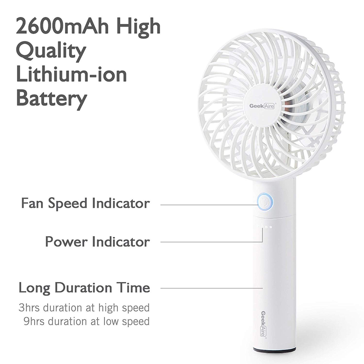 Geek Aire GF2 4 Inch Rechargeable Mini Fan with USB Charging | 5 Speed Option | Portable, Handheld & Small Table Fan | 2600 mAh Li-ion Battery | For Baby, Makeup, Travel, Home and Office (White) 6