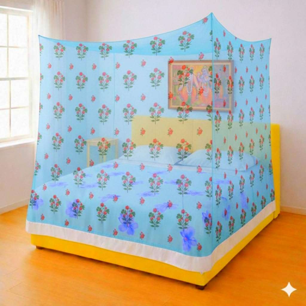 Poly-Cotton Mix Mosquito net Double Bed King Size Queen Size Single Bed Machardani Nylon Cotton Mosquito net (Blue-Printed-Nur, 6X7) 1