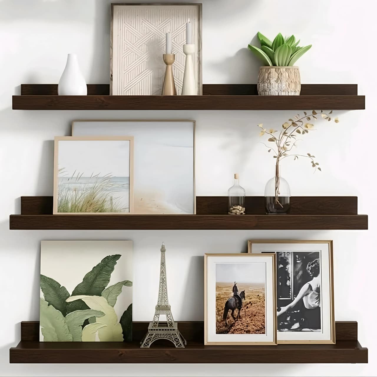 OXMIC Engineered Wood Floating Picture Ledge Shelves, Shelf for Bedroom, Wall Mounted Shelves, Wall Shelf, Wall Shelves for Living Room, Floating Shelf for Wall, 40.6 x 12.7 cm, Set of 3, Dark Brown
