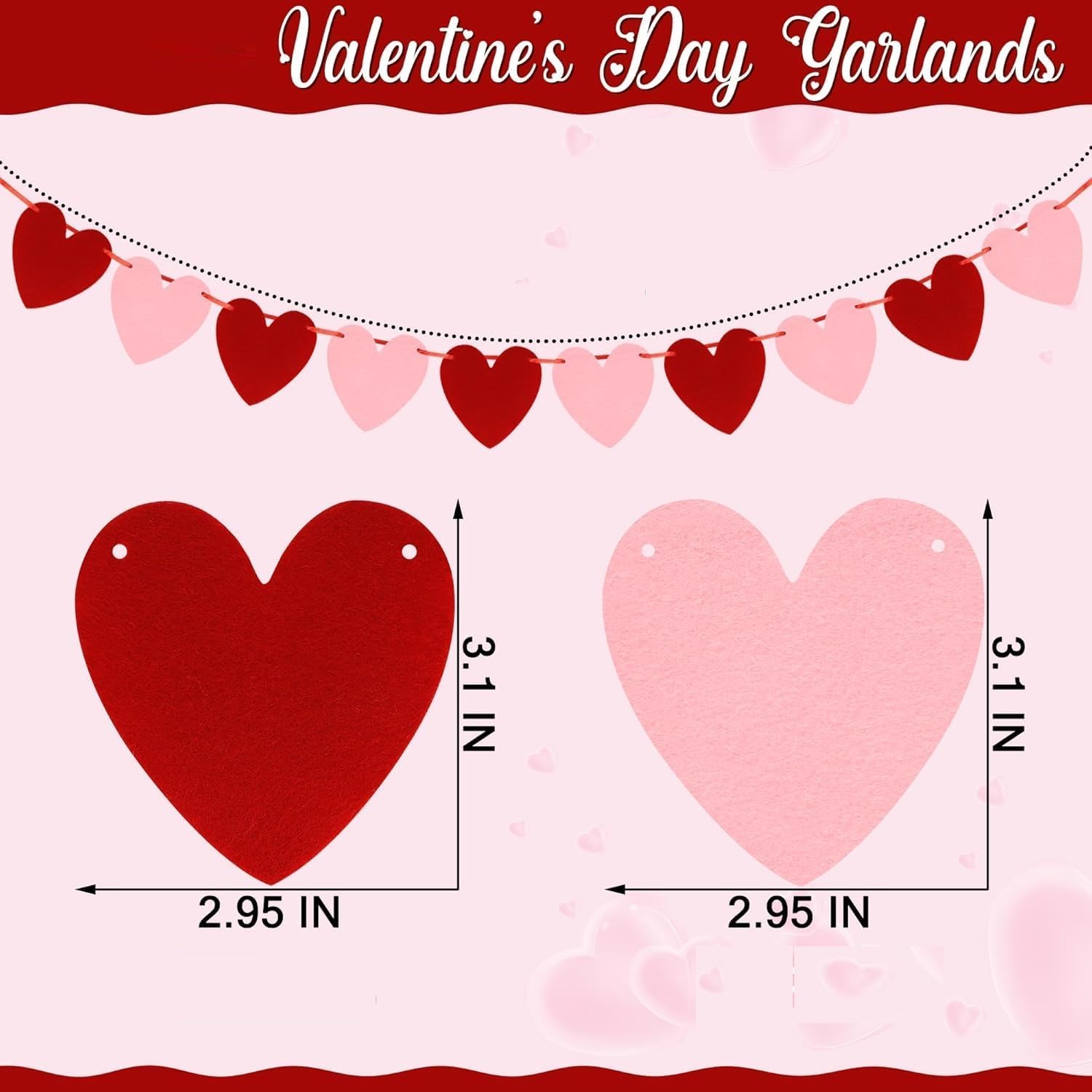 Felt Garland No DIY Valentines Day Decor Red Love Heart Shape Hanging String Garland Valentine Strip Decorations Wedding Anniversary Birthday Party Supplies (Pink & Red) (Pack of 20) 4
