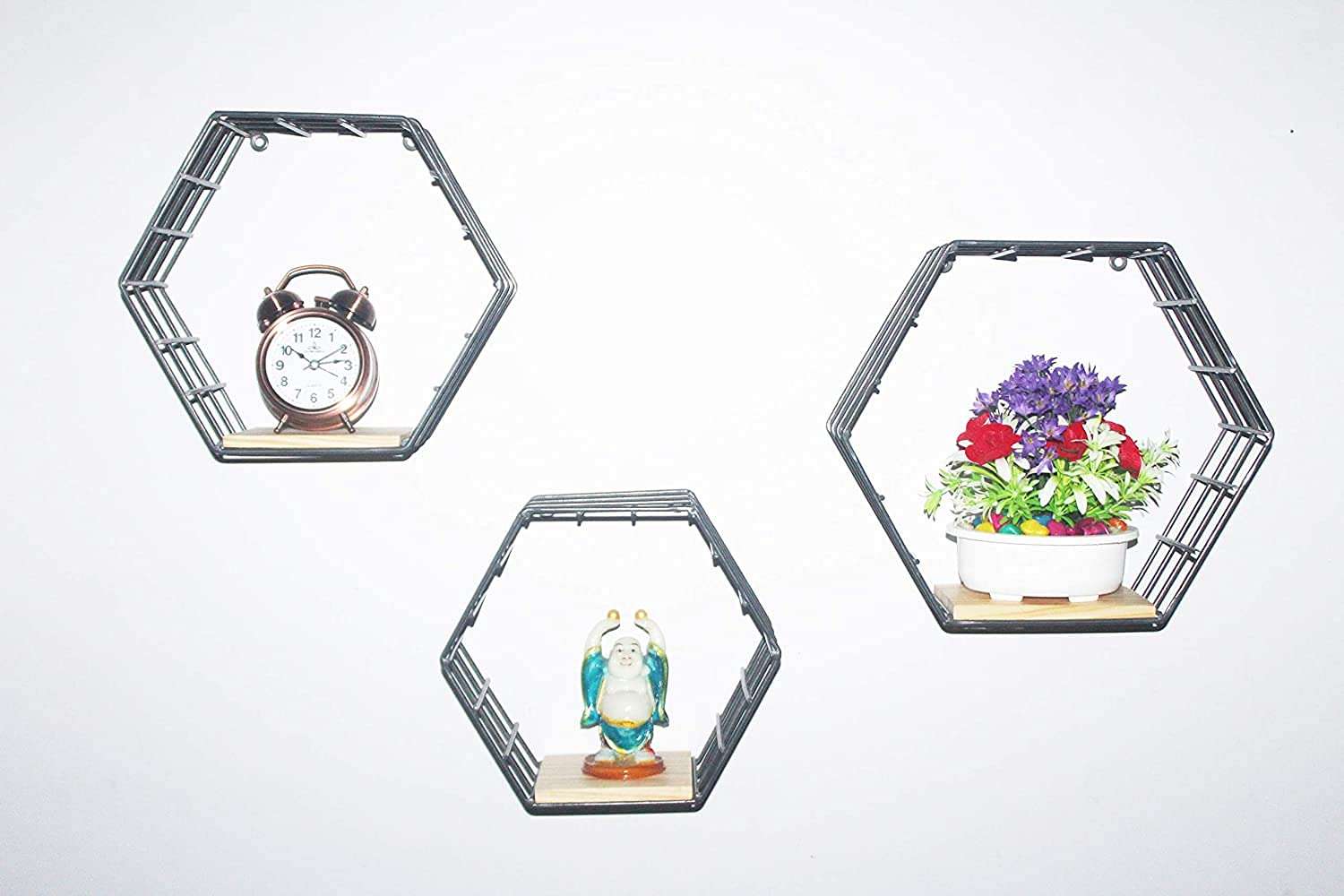 Woodiva Wrought Iron Shelves Wall Mounted Set of 3,Wood and Iron Wall Shelves for Bedroom, Living Room, Bathroom, Kitchen (Black 4