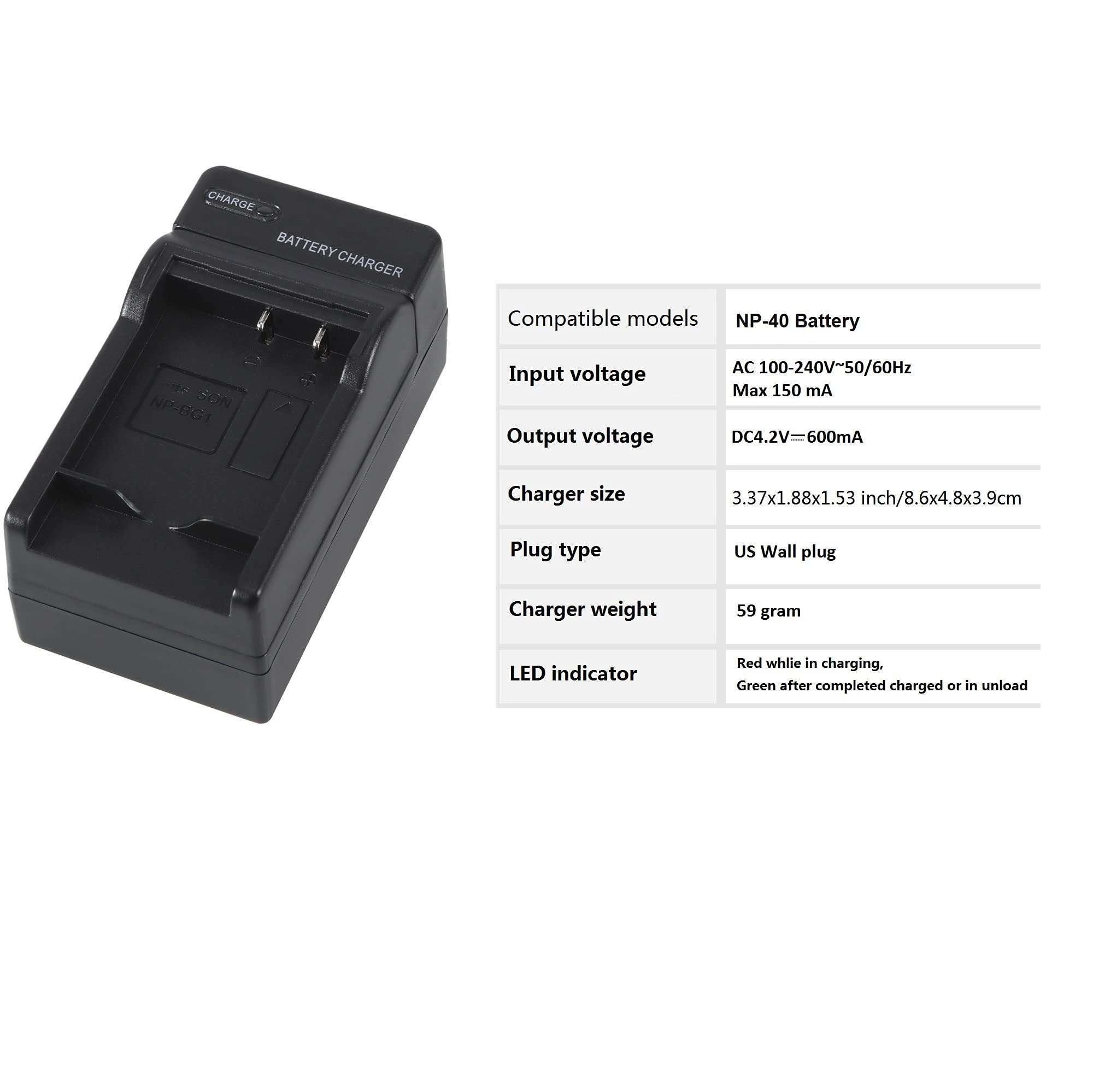 Camera Battery Charger Compatible with Casio NP-40, EX-Z400, EX-FC100, EX-FC150, EX-P505, EX-P600, EX-P700, Zoom EX-Z100, EX-Z1000, EX-Z1050, EX-Z700, EX-Z750, EX-Z850, EX-Z300, EX-Z500, EX-Z200 3