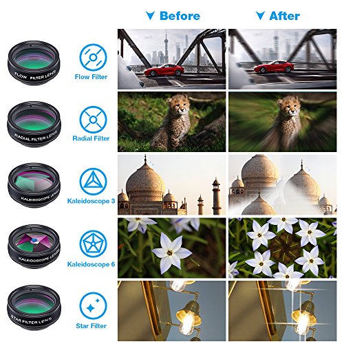 Apexel APL-DG10 10 in 1 Cell Phone Camera Lens Kit Wide Angle Lens & Macro Lens+ Fisheye Lens+Telephoto Lens+CPL/Flow/Radial/Star Filter+Kaleidoscope 3/6 Lens for iPhone Samsung Sony, Black 4