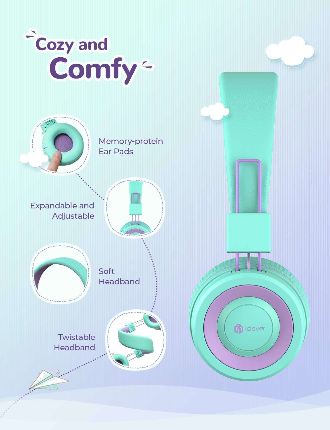 Kids Bluetooth Headphones, iClever BTH02 Kids Wireless Headphones with Mic, 22H Playtime, Bluetooth 5.0 & Stereo Sound, Foldable, Adjustable Headband, Children Headset for iPad Tablet Home School, Green 6