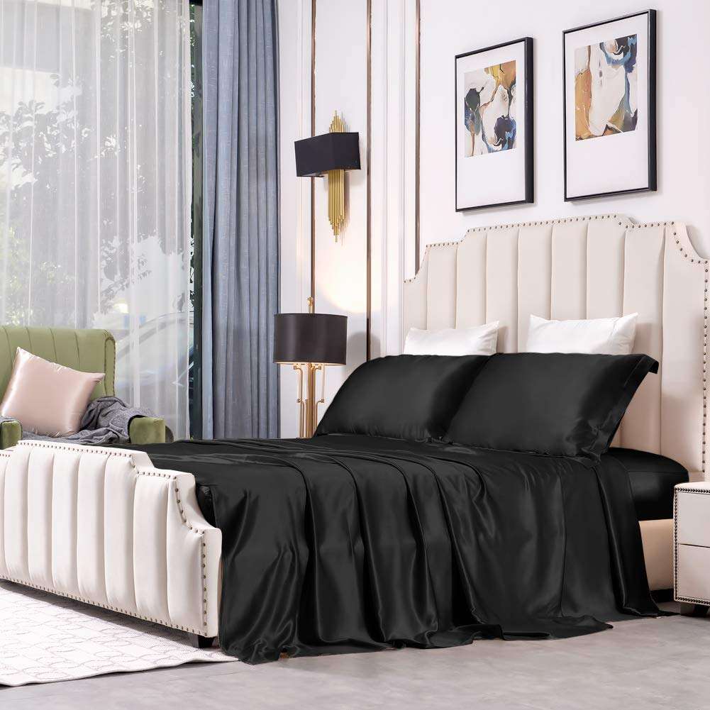 THXSILK Luxury Silk Bed Sheet, Flat Sheet Only, Seamless, 25 Momme Mulberry Silk, Soft and Durable (Black, Queen) 1