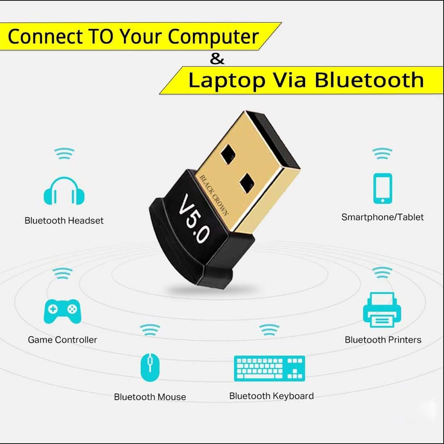 BLACK CROWN USB Bluetooth Adapter for PC, 5.0 Bluetooth Dongle Receiver Supports Windows 11/10/8.1/7 for Desktop, Laptop, Mouse, Keyboard, Printers, Headsets, Speakers. Black. (Black) 3