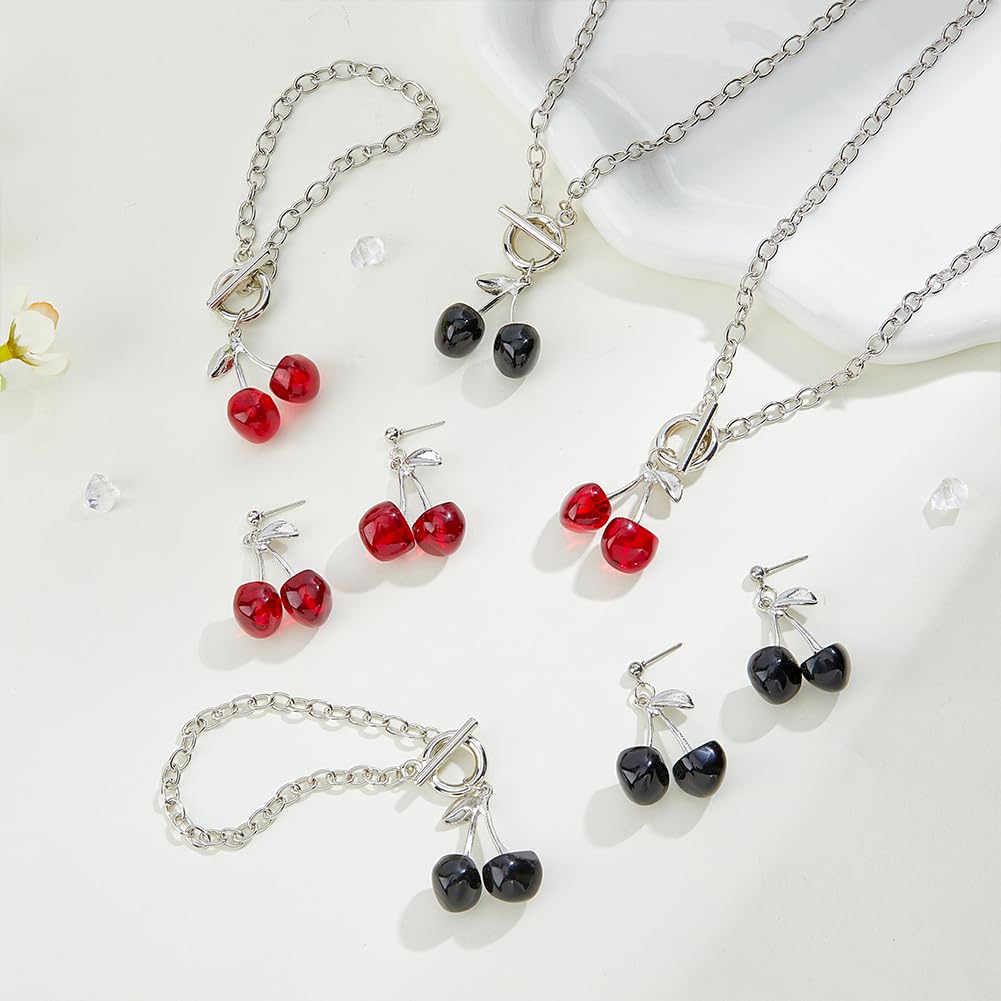 UNICRAFTALE 8Pcs 2 Colors Cherry Jewelry Set Cherry Necklace Bracelet Fruit Dangle Stud Earrings Fashion Cherry Pendant Necklace Food Drop Earring Red Cherry Chain Bracelets Birthday Wedding 6