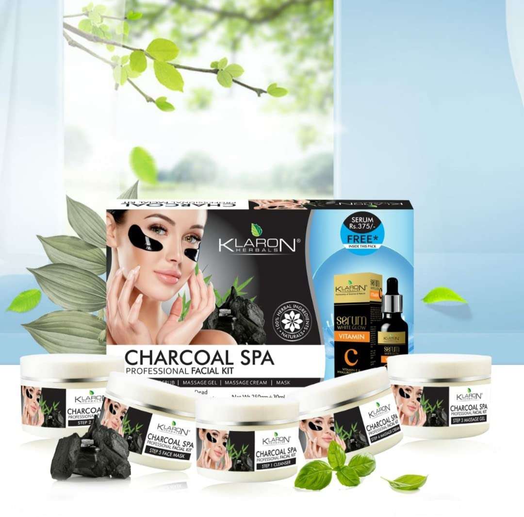 Klaron Herbals 250 gms CHARCOAL SPA & Facial Kit Professional Spa kit for Pollution Control & Clear Pigmentation | All Day Glowing Skin for men & Women | FREE VITAMIN C SERUM 30ml worth Rs 375 | 6 Easy Steps 1