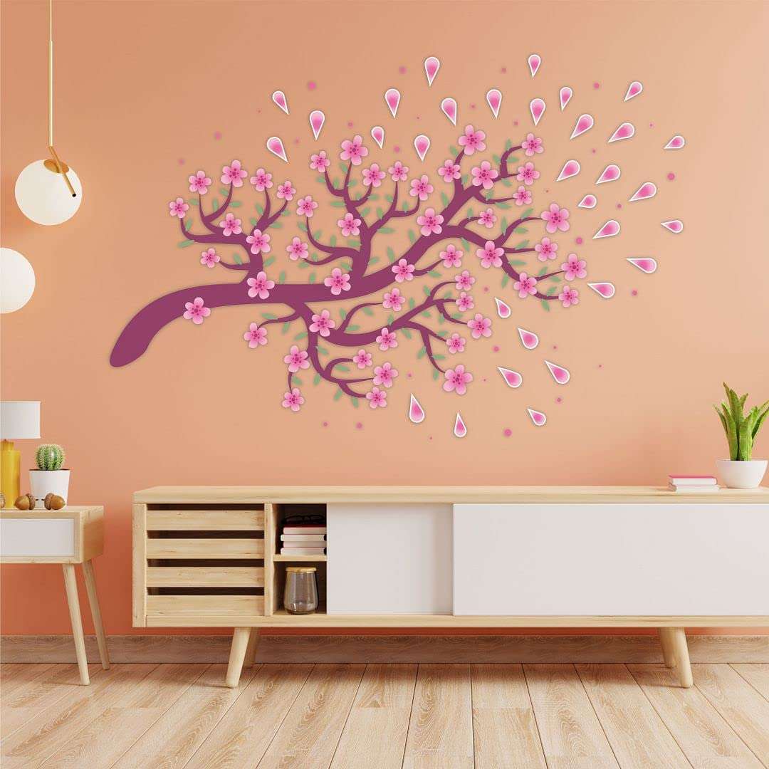 KREEPO Pink Flower & Little Leaves Branch Self-Adhesive PVC Vinyl Wall Sticker for Wall Decor Size(60cm x 90cm)_kr5 4