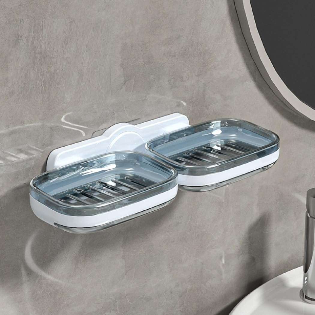Tyzag Soap Holder for Bathroom, Soap Dish Holder, Soap Stand for Bathroom, Wall Mounted stickable self Adhesive Soap Case for Bathroom (White & Blue, Double Dish) 1