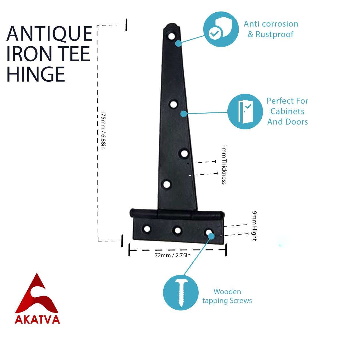 Akatva T Hinge Set - 4-Piece Light Duty Gate Hinges for Wooden and Metal Fences, Doors, Cabinets - Antique Iron Barn Shed Door Hinges Hardware Kit - Easy Setup Indoor, Outdoor Fence Strap Hinge Set 4