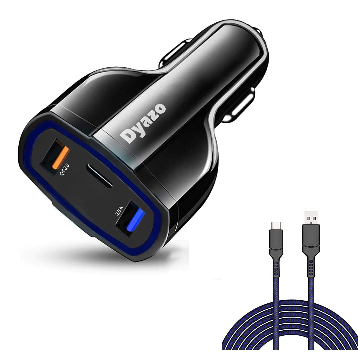 Dyazo 3 Port 36 W Turbo Car Charger QC Charging Compatible for All Qualcomm 3.0 Devices and Normal Charging for All Mobile Phone with Type c Cable 1