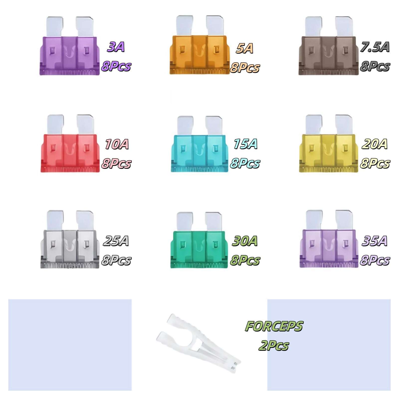 Shudyear 72Pcs Standard Car Fuses Assortment kit(3A/5A/7.5A/10A/15A/20A/30A/35A) Automotive Blade Fuse for RV, Truck, Marine, Auto Accessories (72 Medium Kit) 3