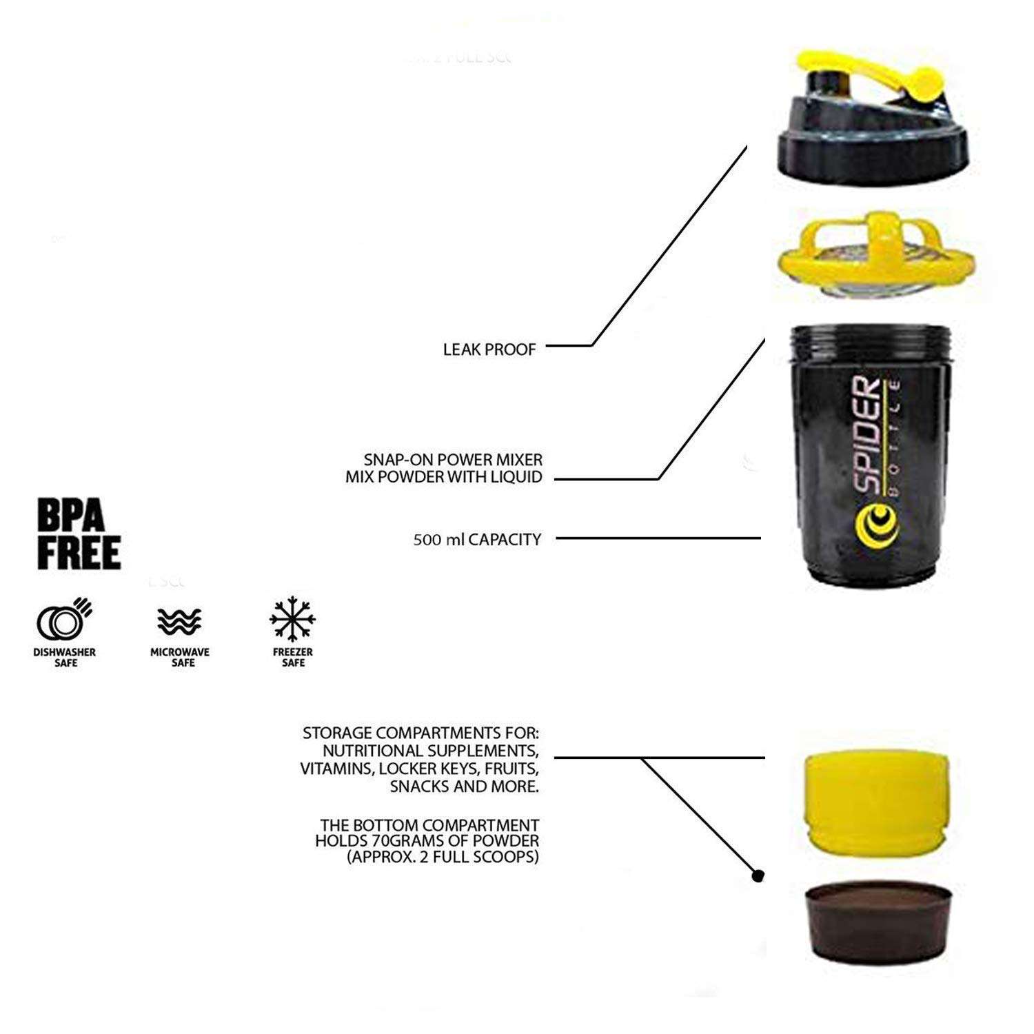 DOVEAZ Spider Shaker | Spider Protein Shaker | Spider Shaker Bottle | Gym Shaker | Cyclone Shaker | Protein Shaker | Gym Protein Shaker | Gym Bottle | Bpa Free Shaker | Shaker 500ml (Yellow) 3