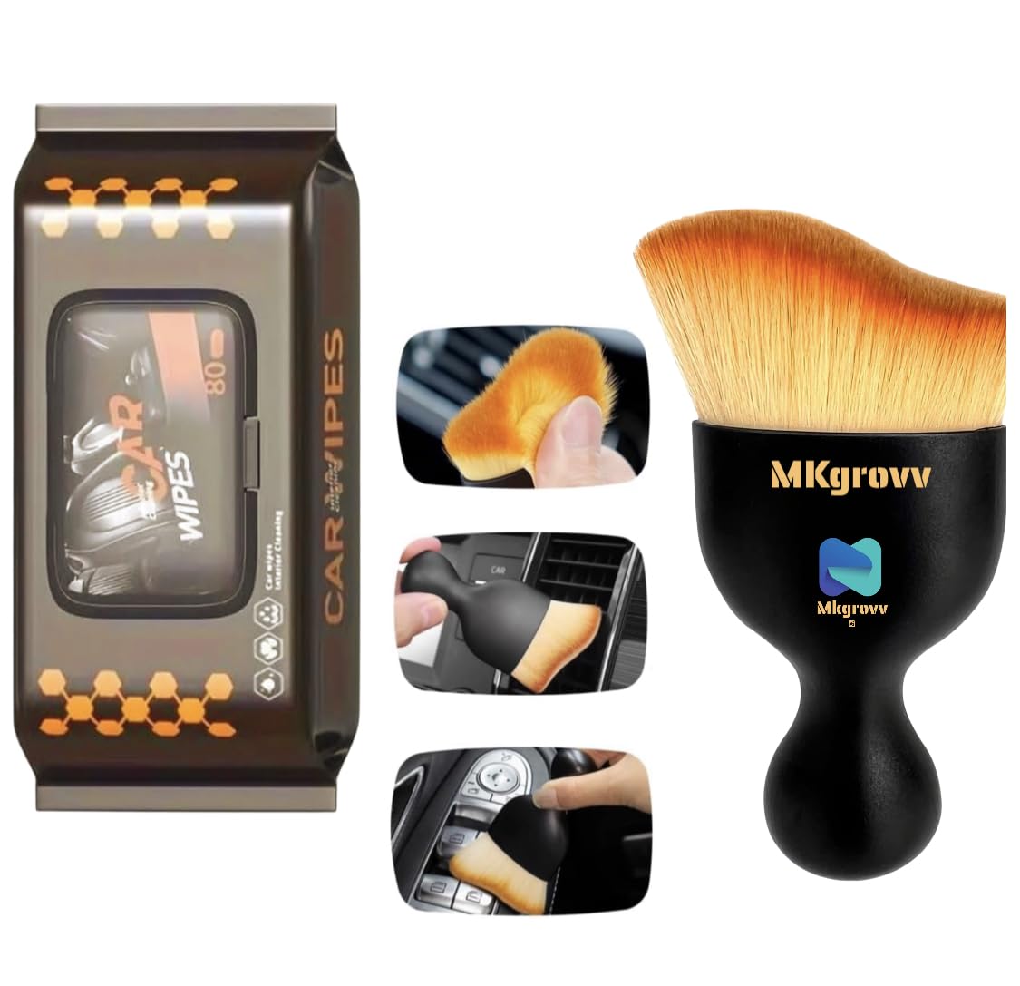 MKgrovv Car Detailing Brushes With Car Cleaning Wet Wipes 80 Pcs Auto Interior Soft Hair Removal Car Cleaning Brush Dust Collectors Curved Design Dirt Dust Clean Tissue Paper for Car