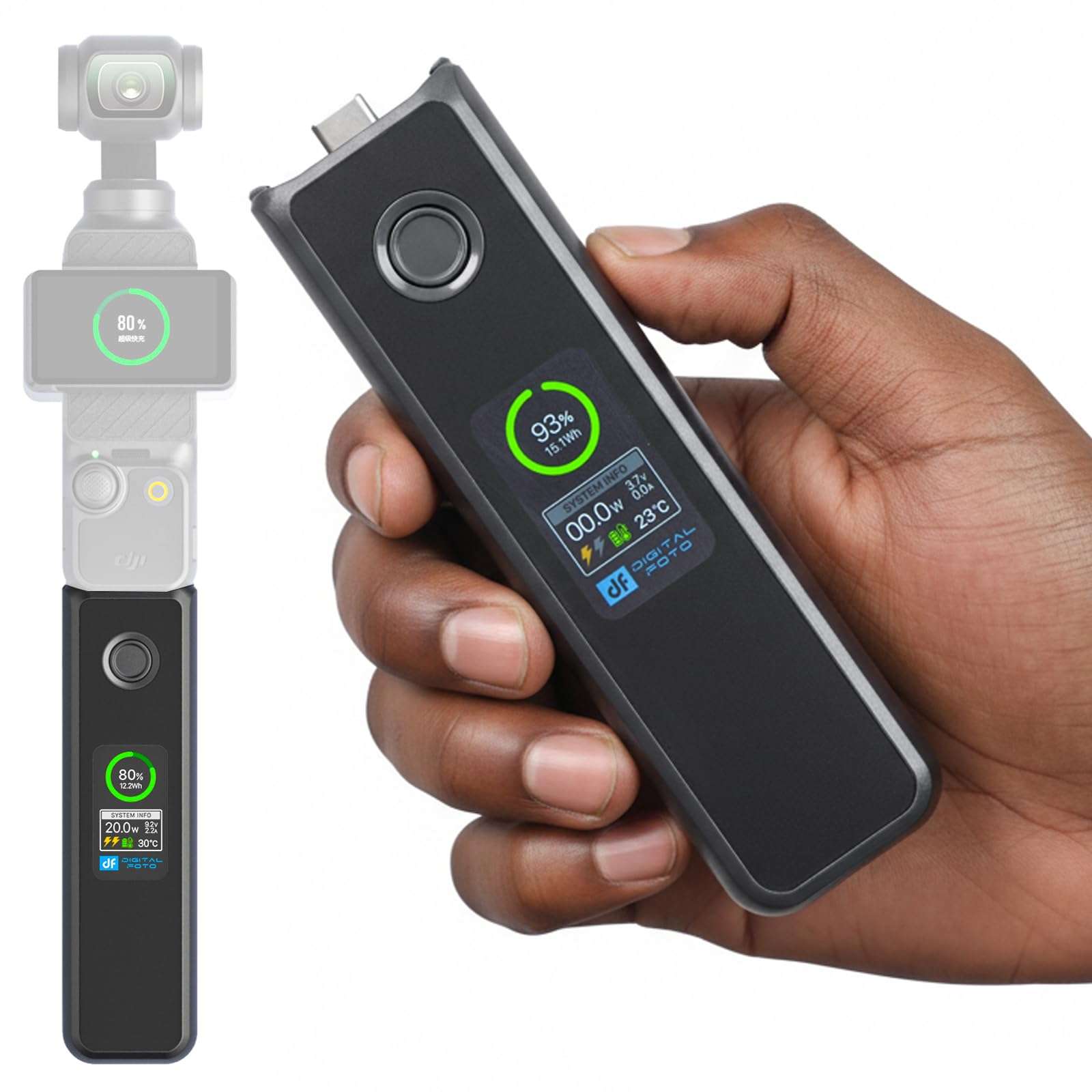 Osmo Pocket 3 Battery Handle,20W Fast Charging Handle Grip Accessories Compatible with DJI Pocket 3/Xtra Muse with LCD Full Color Display,Charging Speed and Battery Temperature Visible, 5000 mAh 1