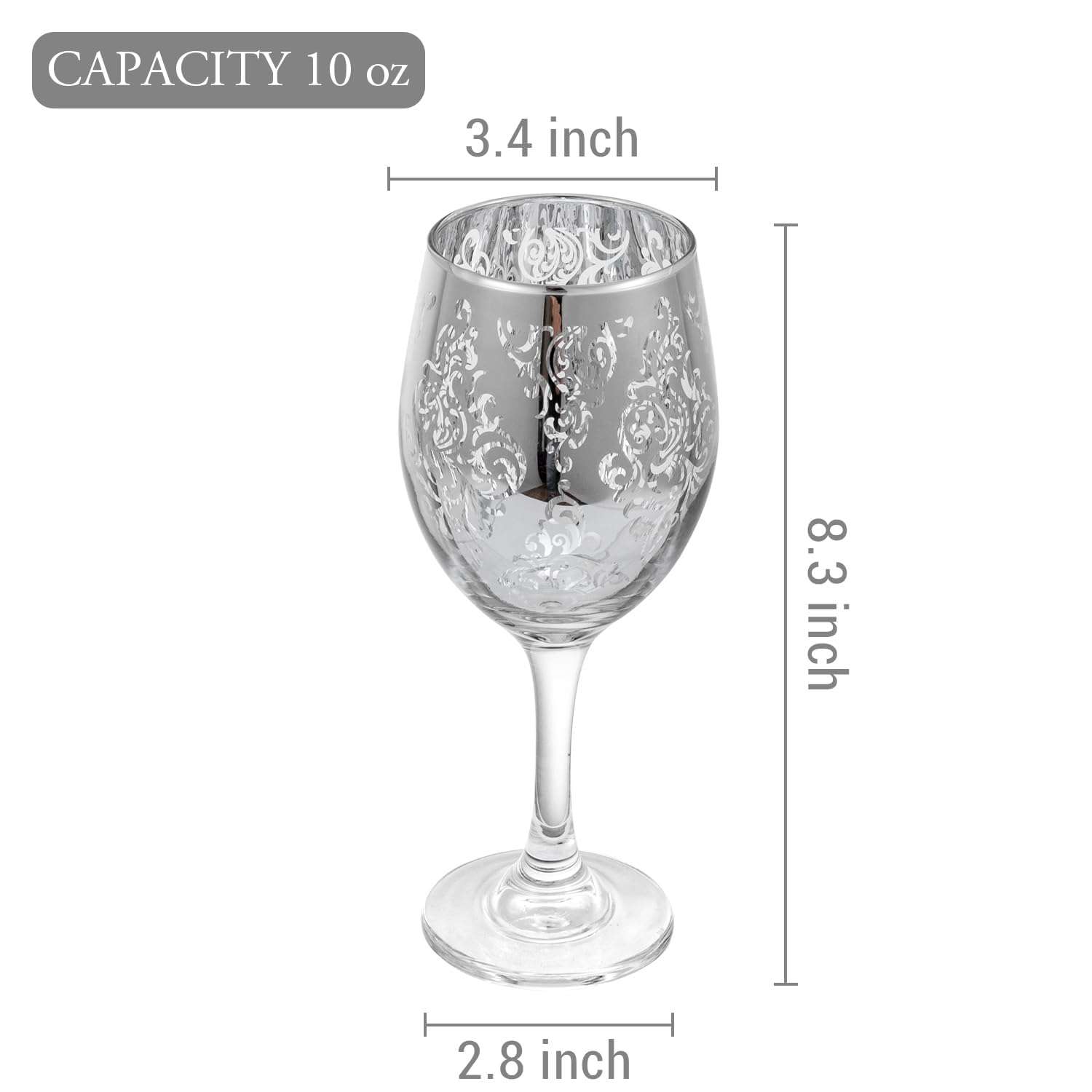 MyGift 10 oz Stemmed Wine Glass Glassware Duo with Silver Mirror Finish Etched in Baroque Pattern, Elegant Wine Drinking Glasses for Dinner Party or Wedding, Set of 2 6