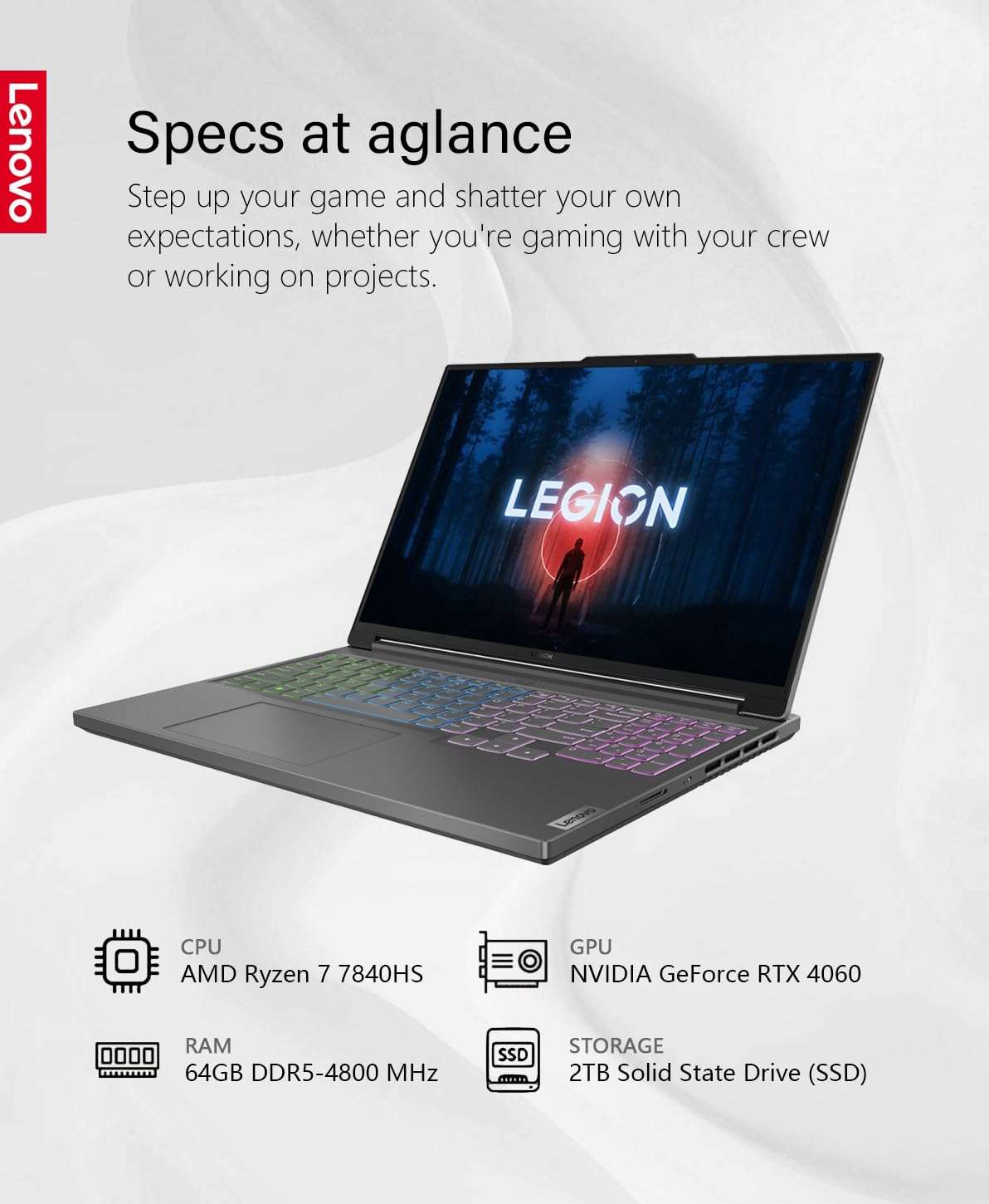Lenovo Legion Slim 5 Gaming Laptop Computer, 16" WQXGA Display 165Hz, 64GB RAM 2TB Storage, AMD Ryzen 7 7840HS, 8core, 5.1GHz, NVIDIA GeForce RTX 4060, Wi-Fi, Win11, Storm Grey, W/GaLiMu 4