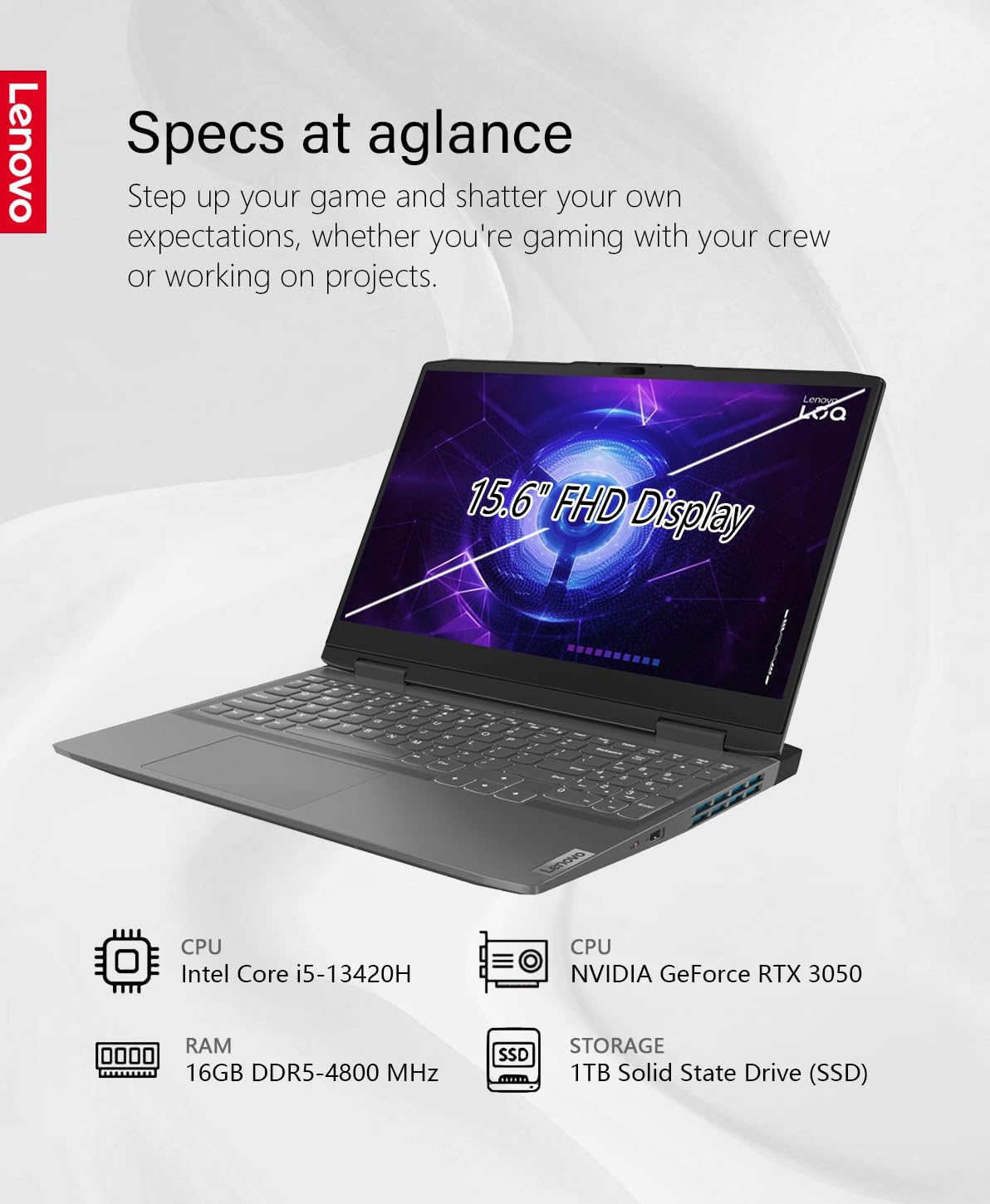 Lenovo LOQ Gaming Laptop, 15.6" FHD Display 144Hz, 16GB RAM, Intel Core i5-13420H, 8-core, 4.6GHz, 1TB Storage, NVIDIA GeForce RTX 3050, Wi-Fi 6E, Bluetooth, Storm Grey, Windows11, W/GaLiMu 3