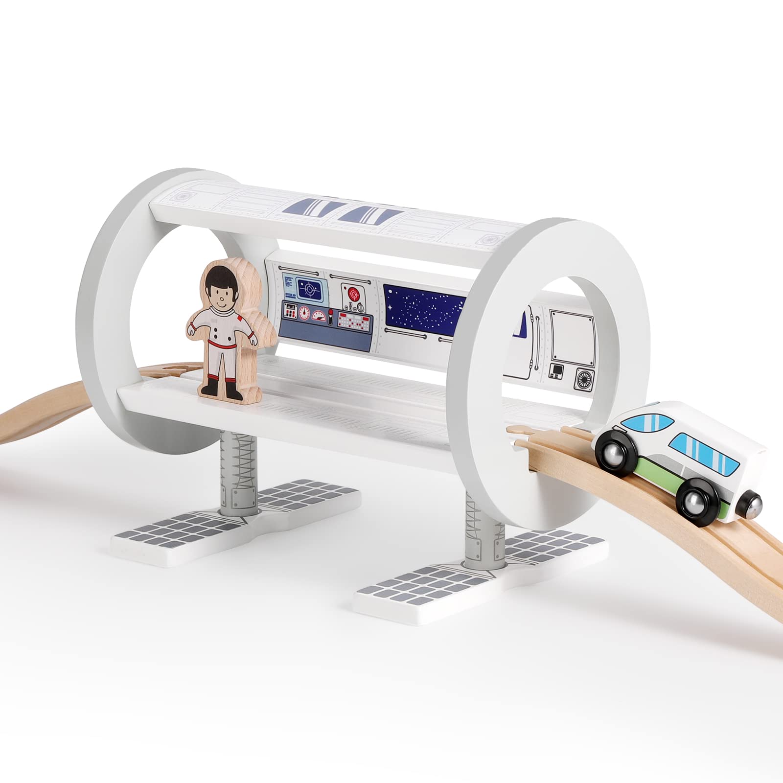 SainSmart Jr. Wooden Train Track Accessory, Space Station Train Set with Astronaut & Cosmic Train for Kids and Toddlers Aged 3+