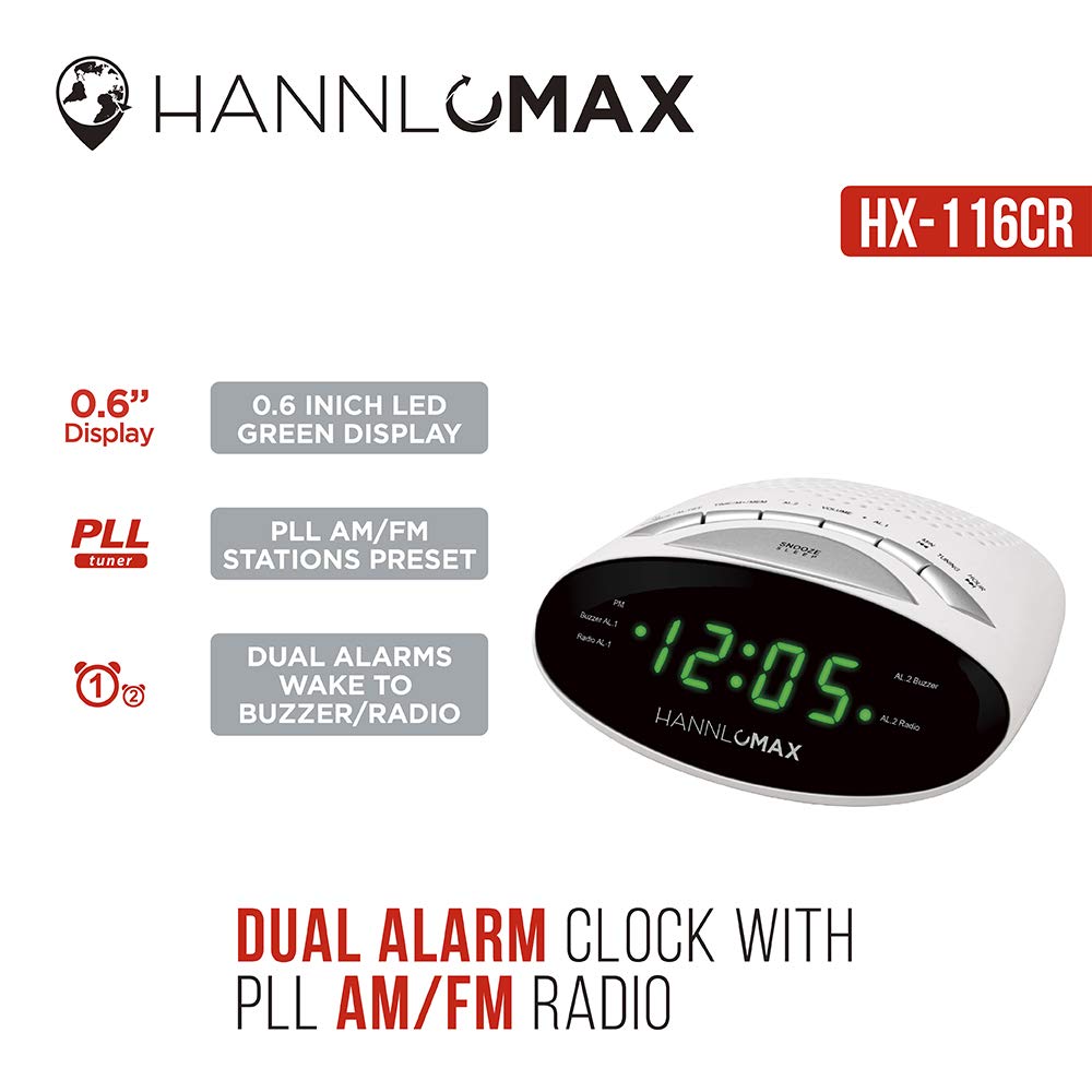 HANNLOMAX HX-116CR Alarm Clock Radio, PLL AM/FM Radio, Dual Alarm, 0.6" Green LED Display (White) 3