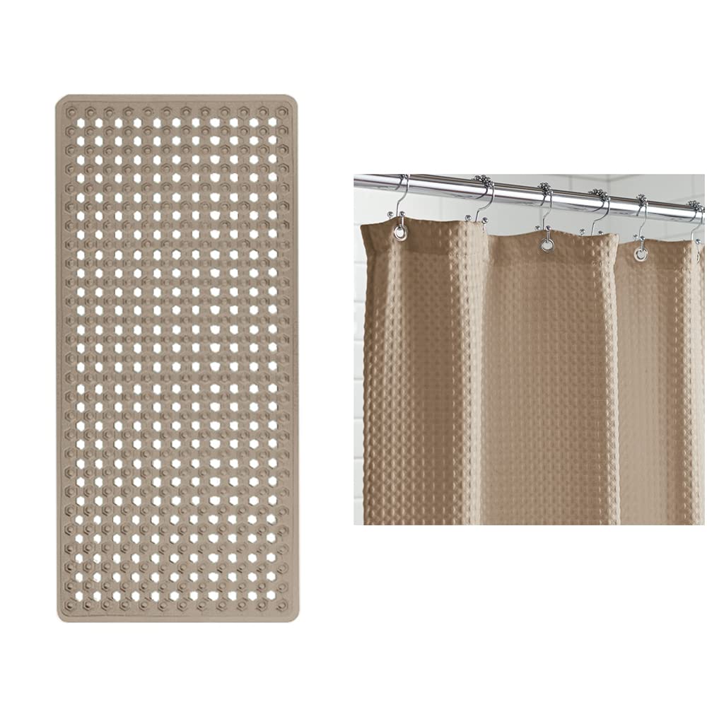 GORILLA GRIP Bath Tub Mat and Waffle Shower Curtain, Bath Mat Size 35x16, Waffle Shower Curtain Size 72x72, Both in Beige Color, Machine Washable, 2 Item Bundle