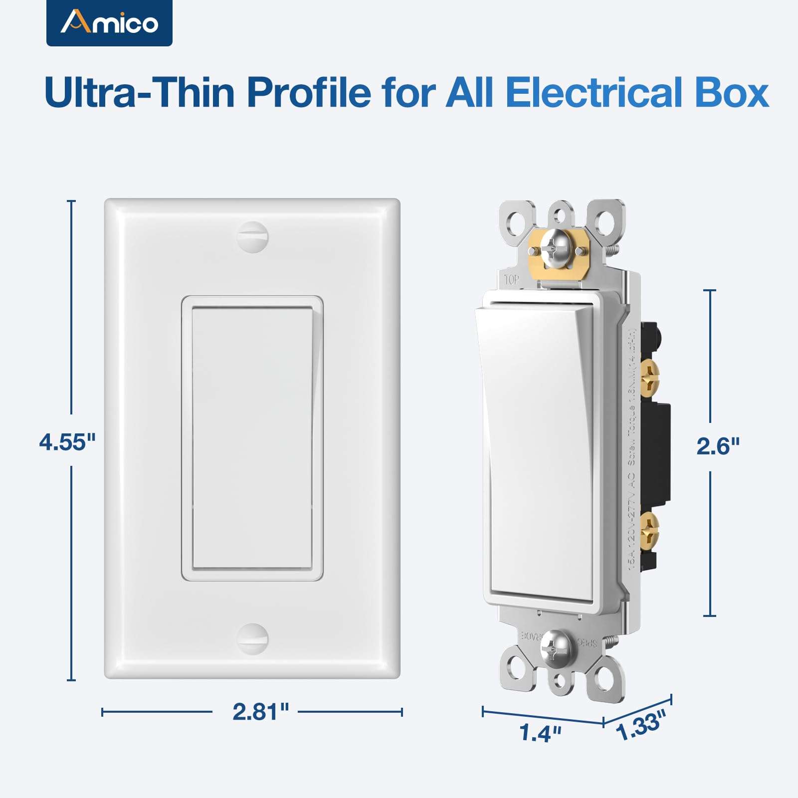 Amico 50 Pack 15A Single Pole Decorator Light Switch & Amico 24 Pack 20 Amp GFCI Outlet with Thinner Design, Weather Resistant (WR) 5