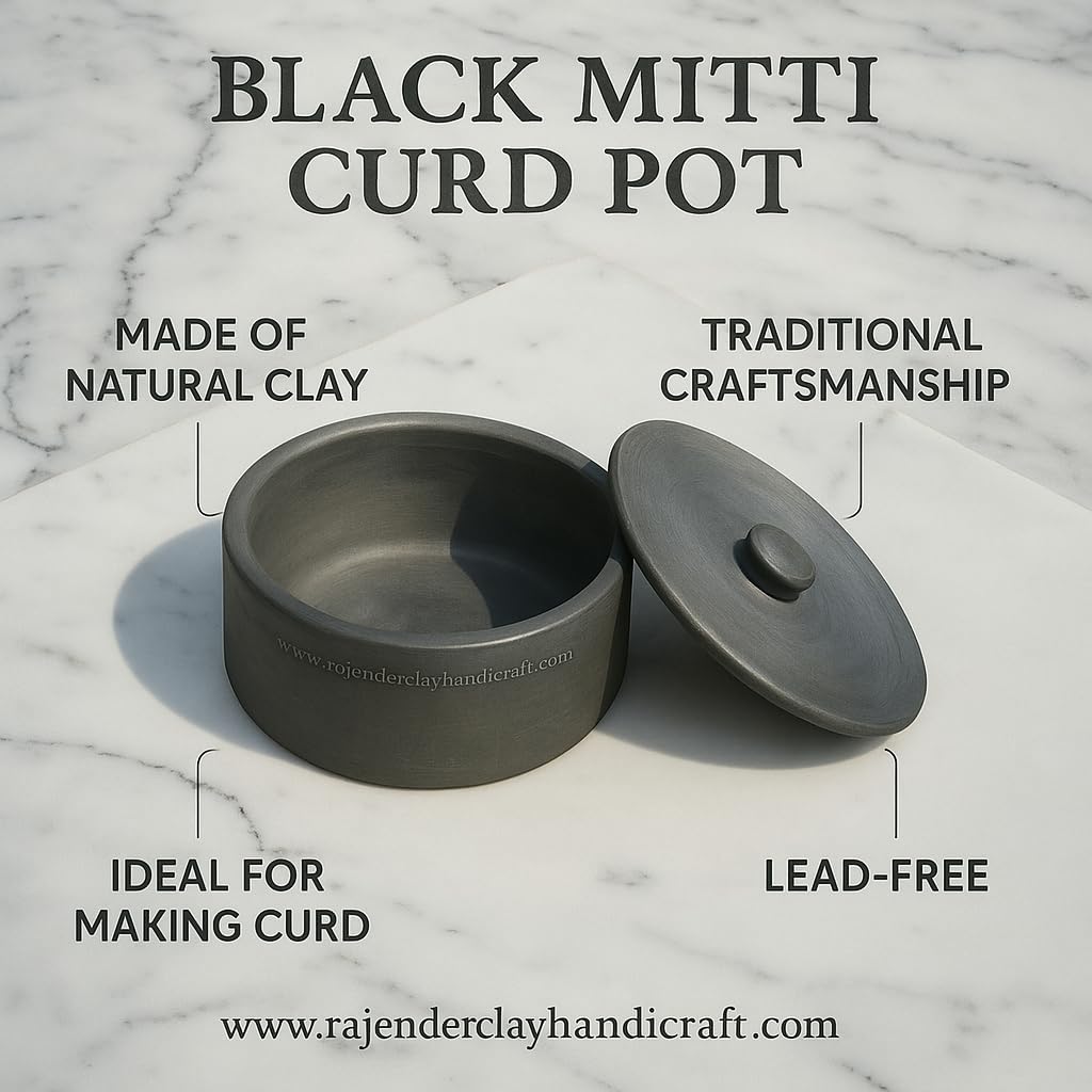 Handmade Black Mitti Flat Curd Pot 2 Liter | Natural Clay Dahi Handi for Thick & Healthy Curd | Eco-Friendly, Non-Toxic Earthenware | Traditional Pot for Fermentation & Yogurt Making 4