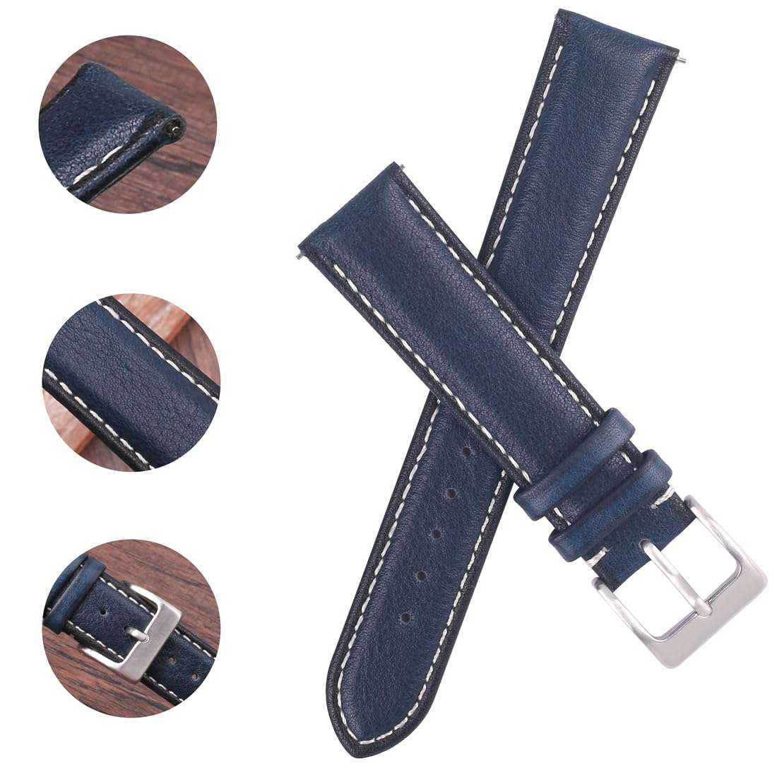 Berfine 22mm Top Grain Leather Watch Band, Quick Release Watch Strap, Blue 4