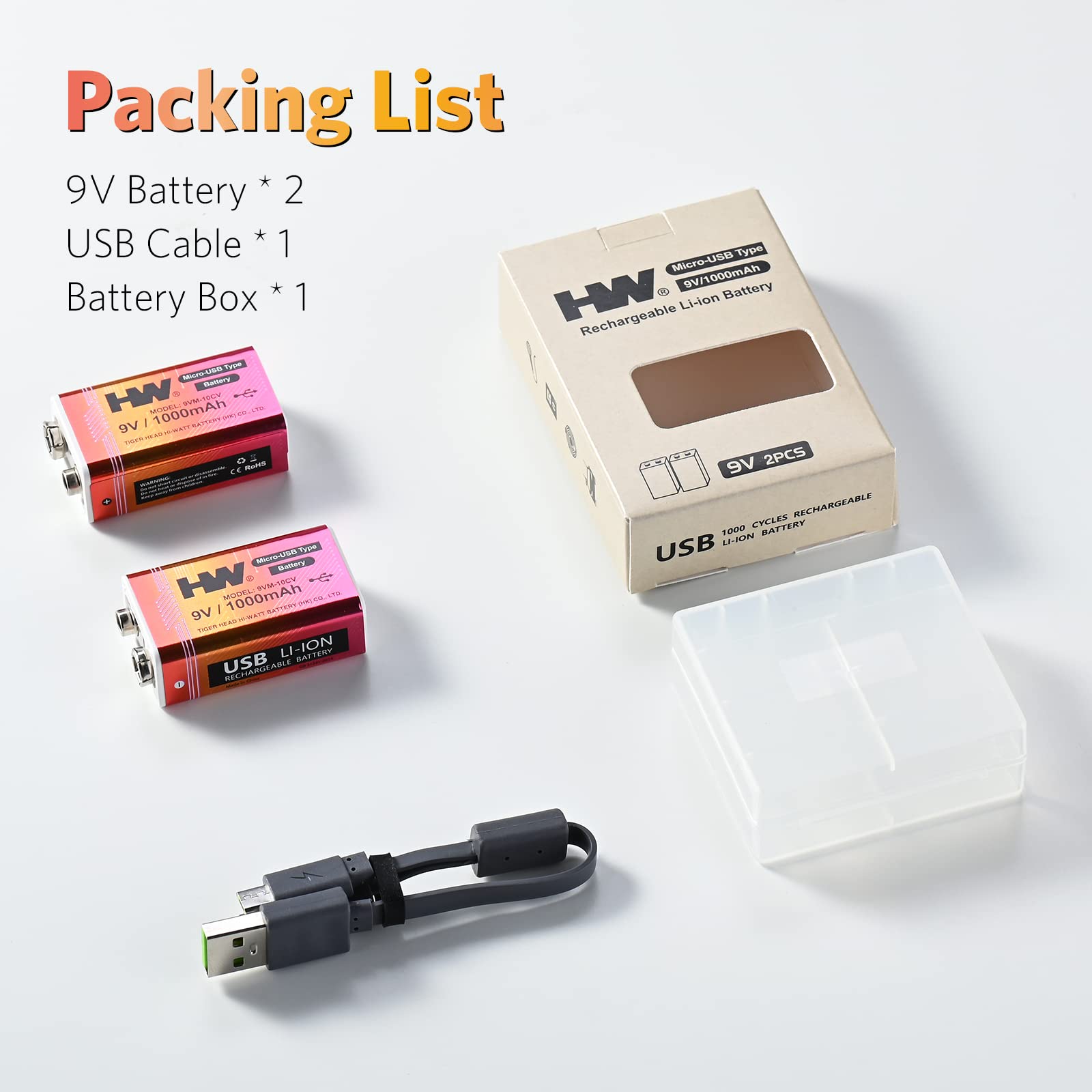 HW 9V Li-ion Rechargeable Battery, 9 Volt/1000mAh(9000mWh) Long Lasting Rechargeable Batteries with Micro-USB, 1000 Cycles Charge, 1.5 Hrs Fast Charging, LED Indicator, 2 Packs 6